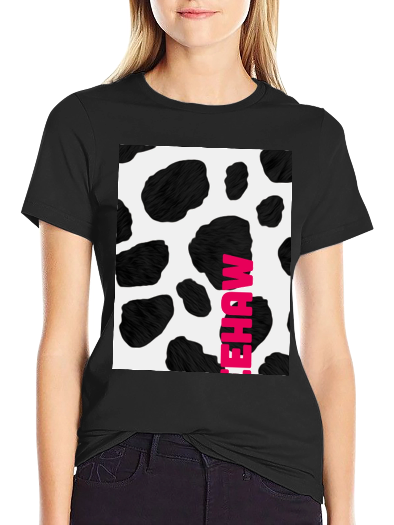 Black Cow Print T-Shirt with Pink Lettering view 2