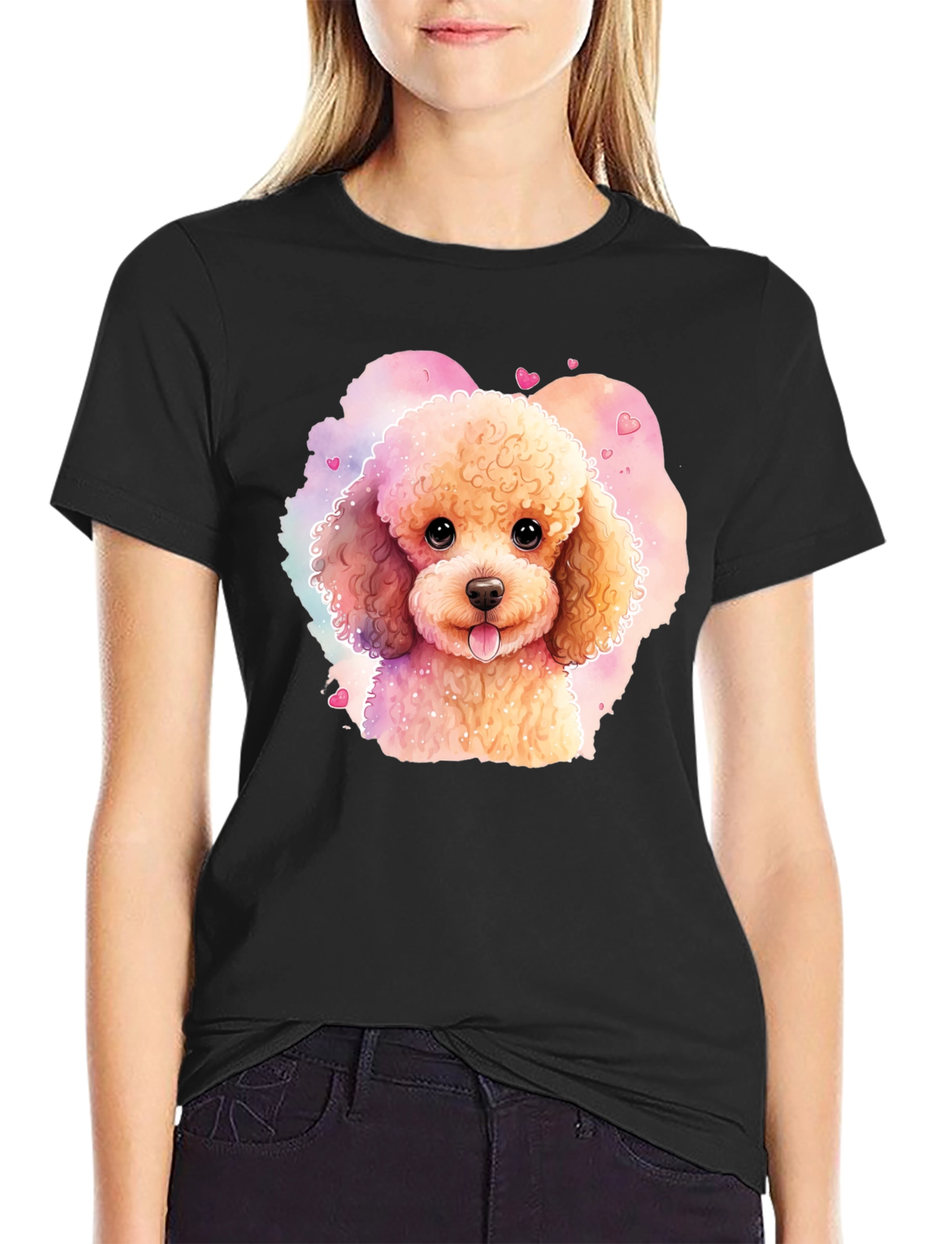 Black Cute Poodle Watercolor T-Shirt view 2