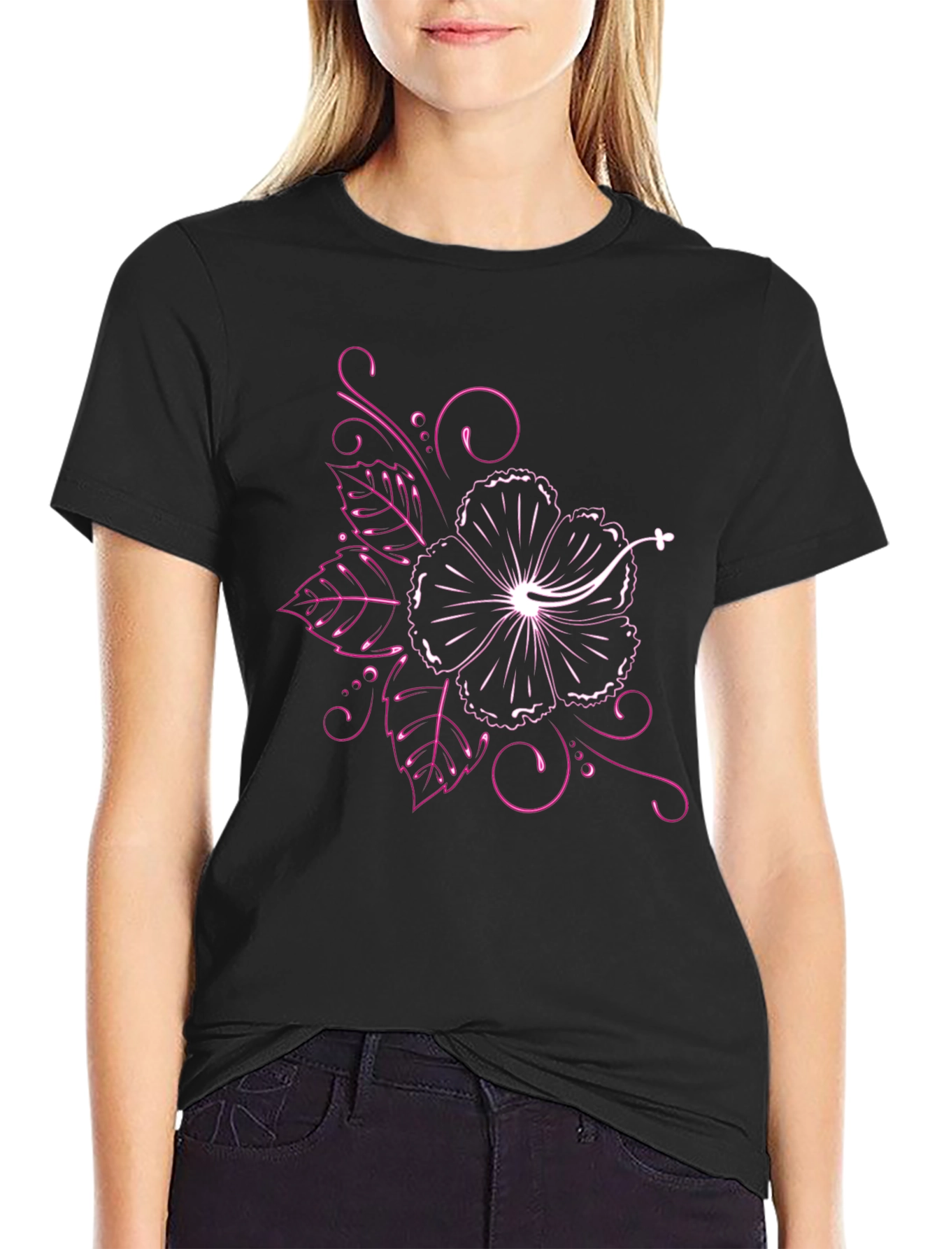 Black T-Shirt with Floral Hibiscus Design - 2
