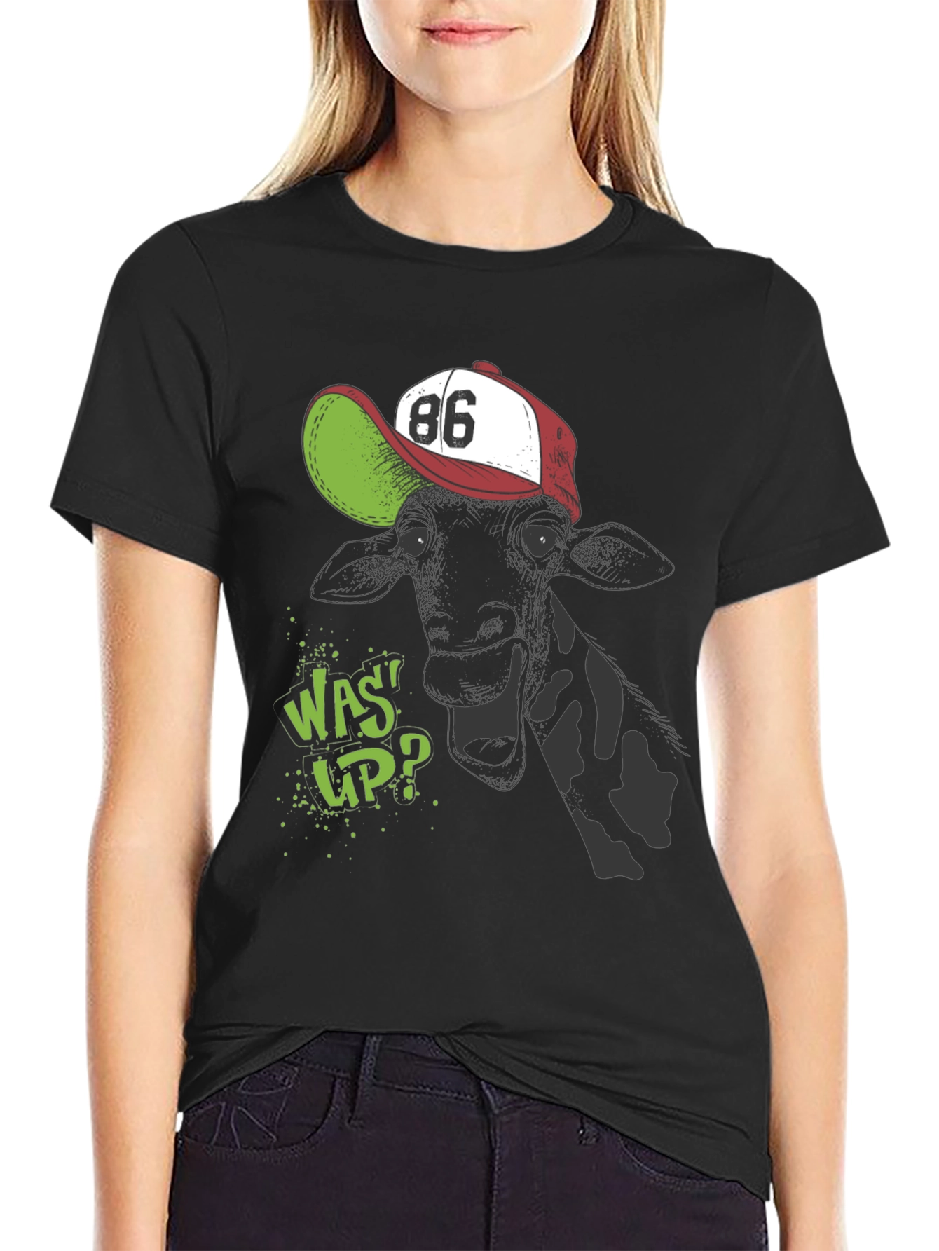 Black Cool Cow T-Shirt - 'Was Up?' Design view 2