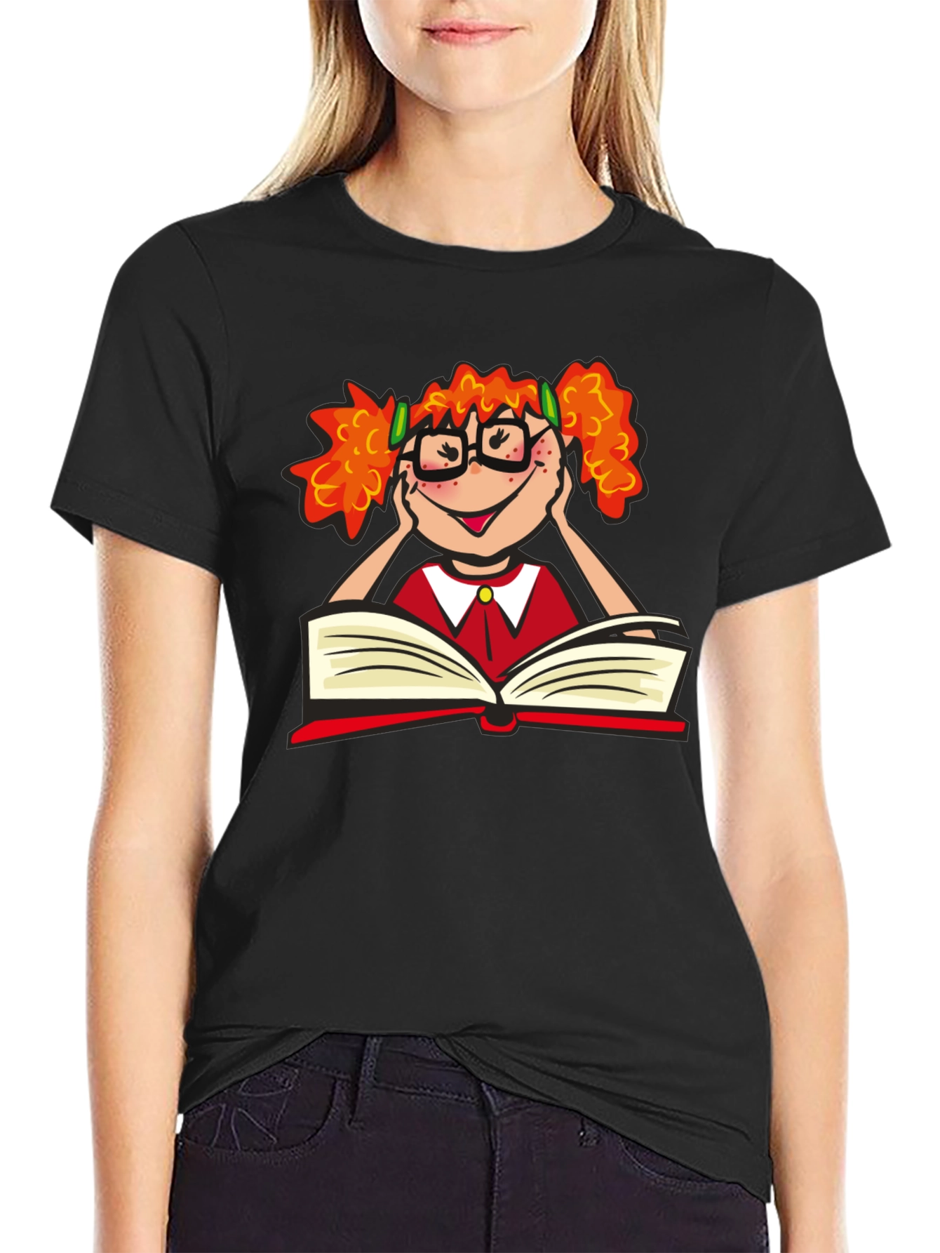Black Nerdy Girl Reading T-Shirt - Black Cotton Tee view 2