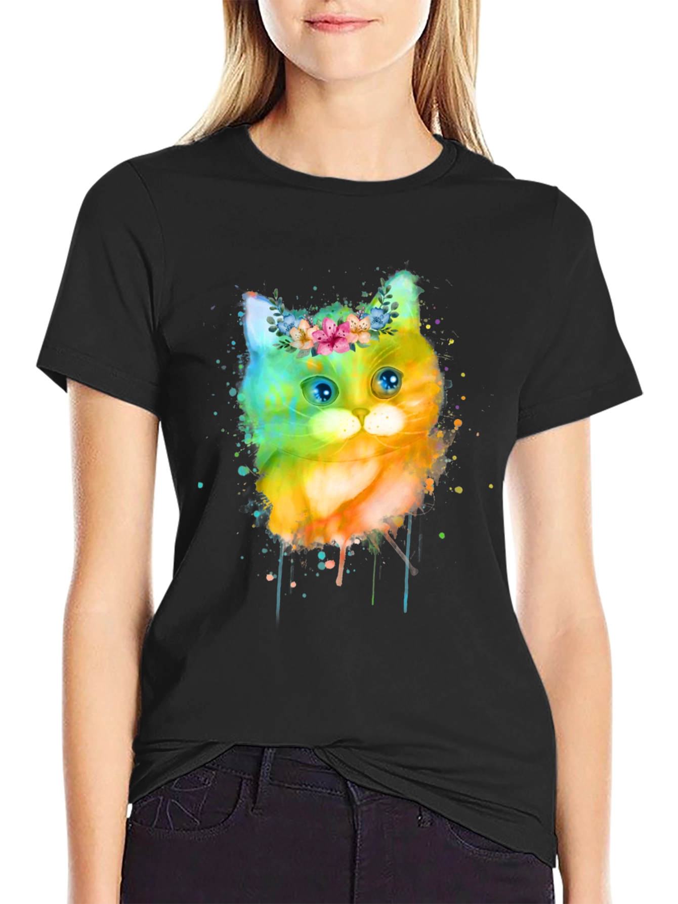 Black Watercolor Cat T-Shirt - Floral Crown Kitten Tee view 2