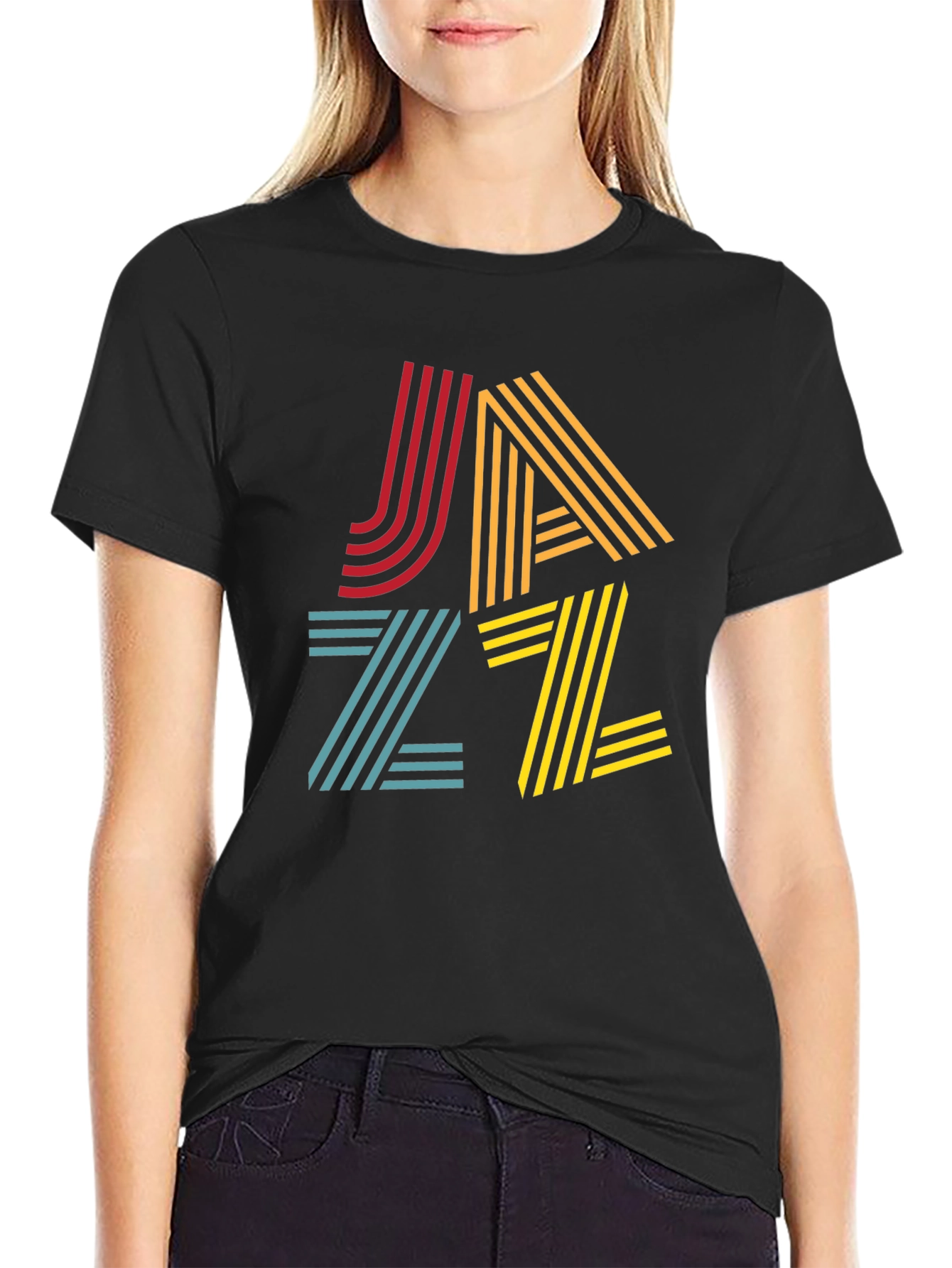 Black Retro Jazz T-Shirt: Colorful Striped Graphic Tee view 2