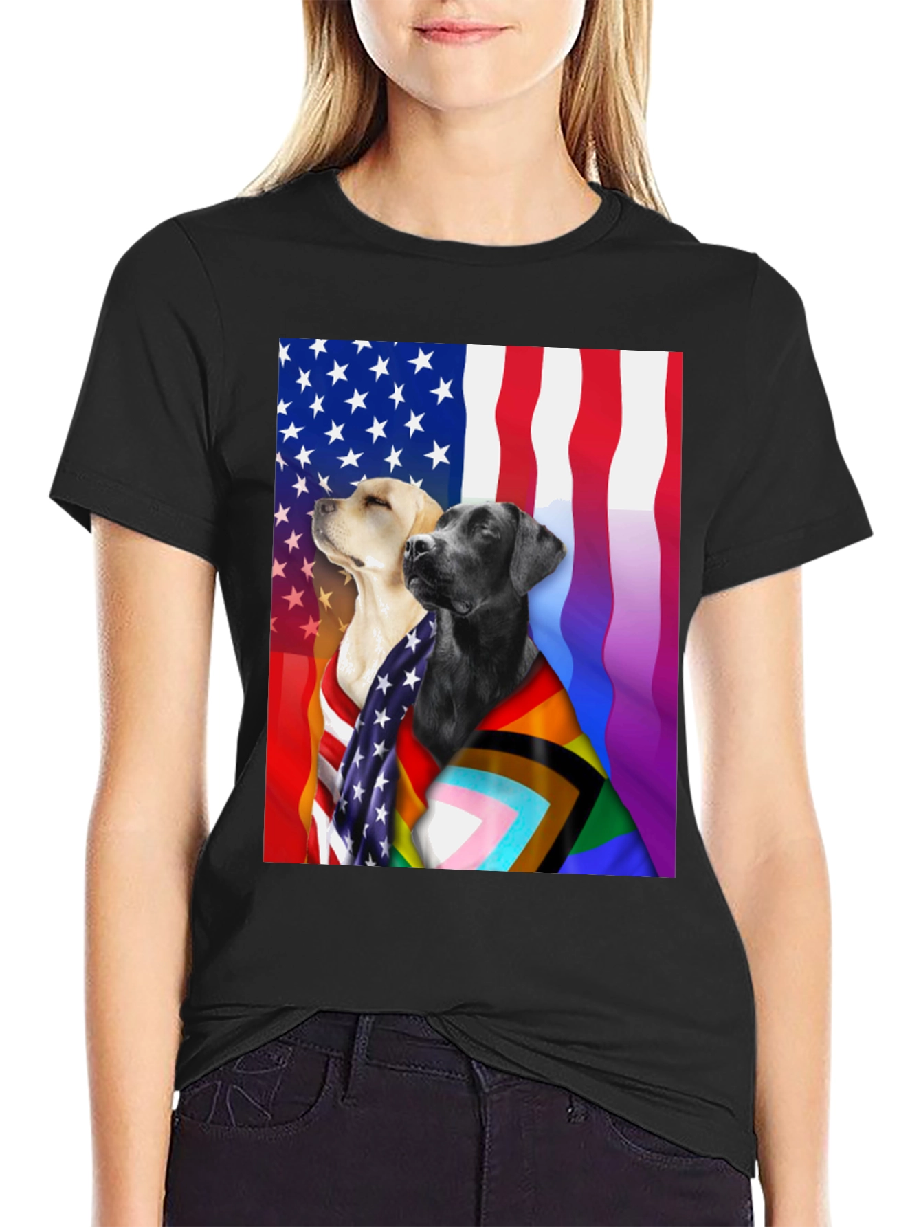 Black Patriotic Pride Dogs T-Shirt - American & LGBTQ+ Flags view 2