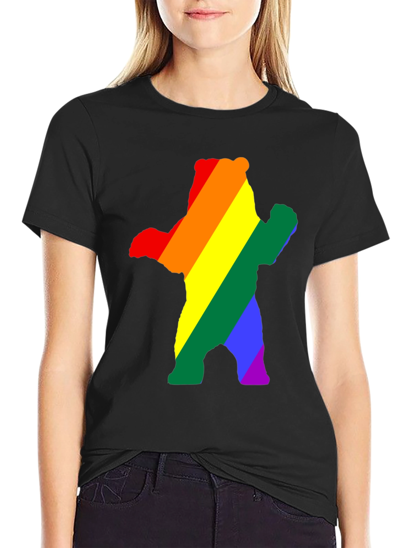Black Rainbow Bear Pride T-Shirt - Black Crew Neck Cotton Tee view 2
