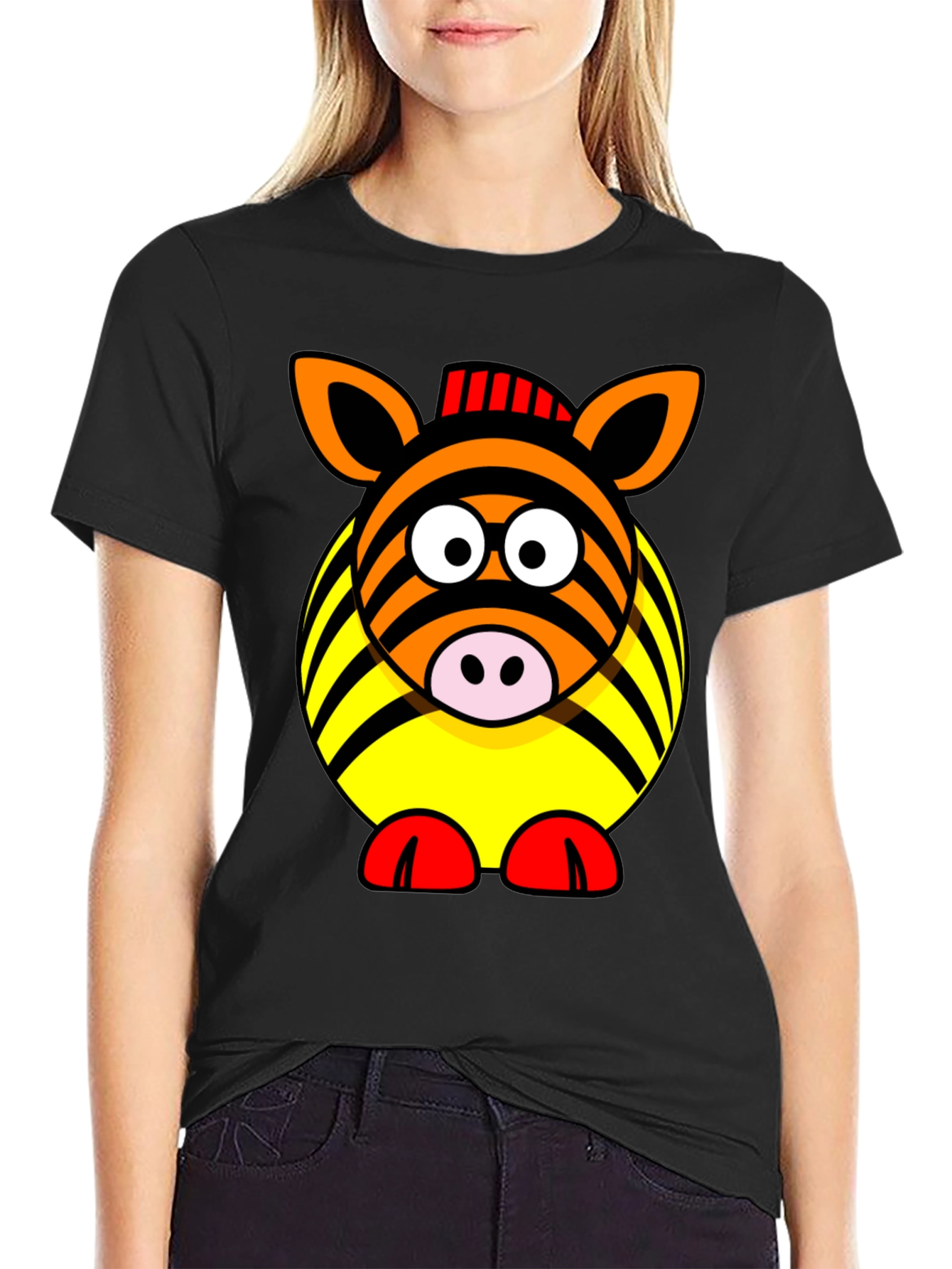 Black Zebra Cartoon Graphic Black T-Shirt view 2
