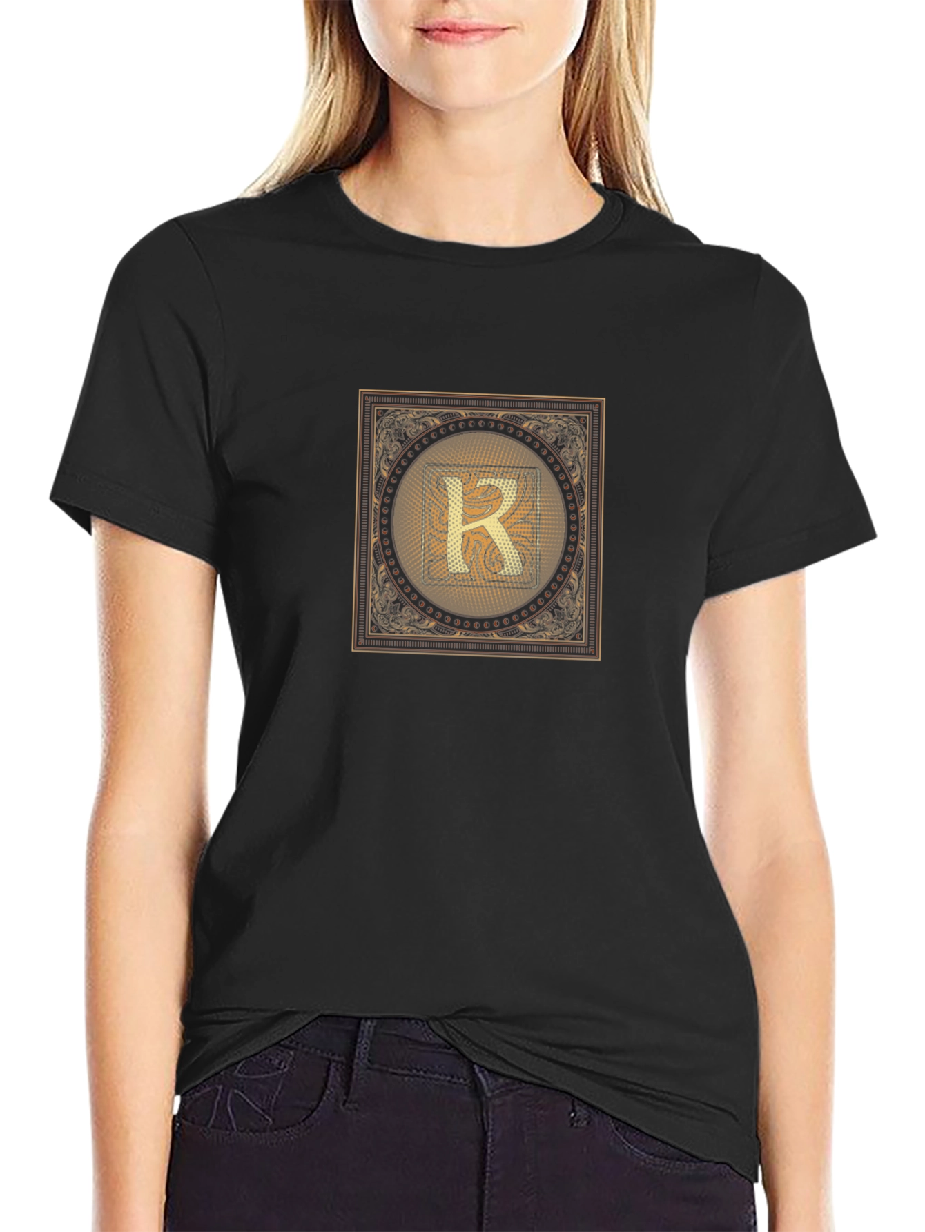 Black Golden Letter R Graphic Print Black T-Shirt view 2