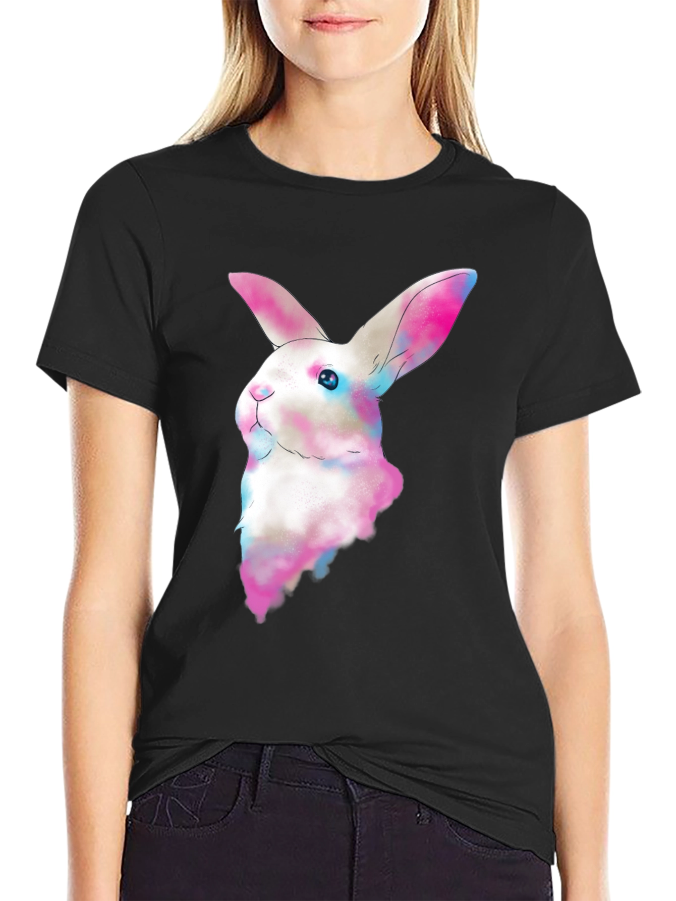 Black Watercolor Bunny T-Shirt - Soft Cotton Tee view 2