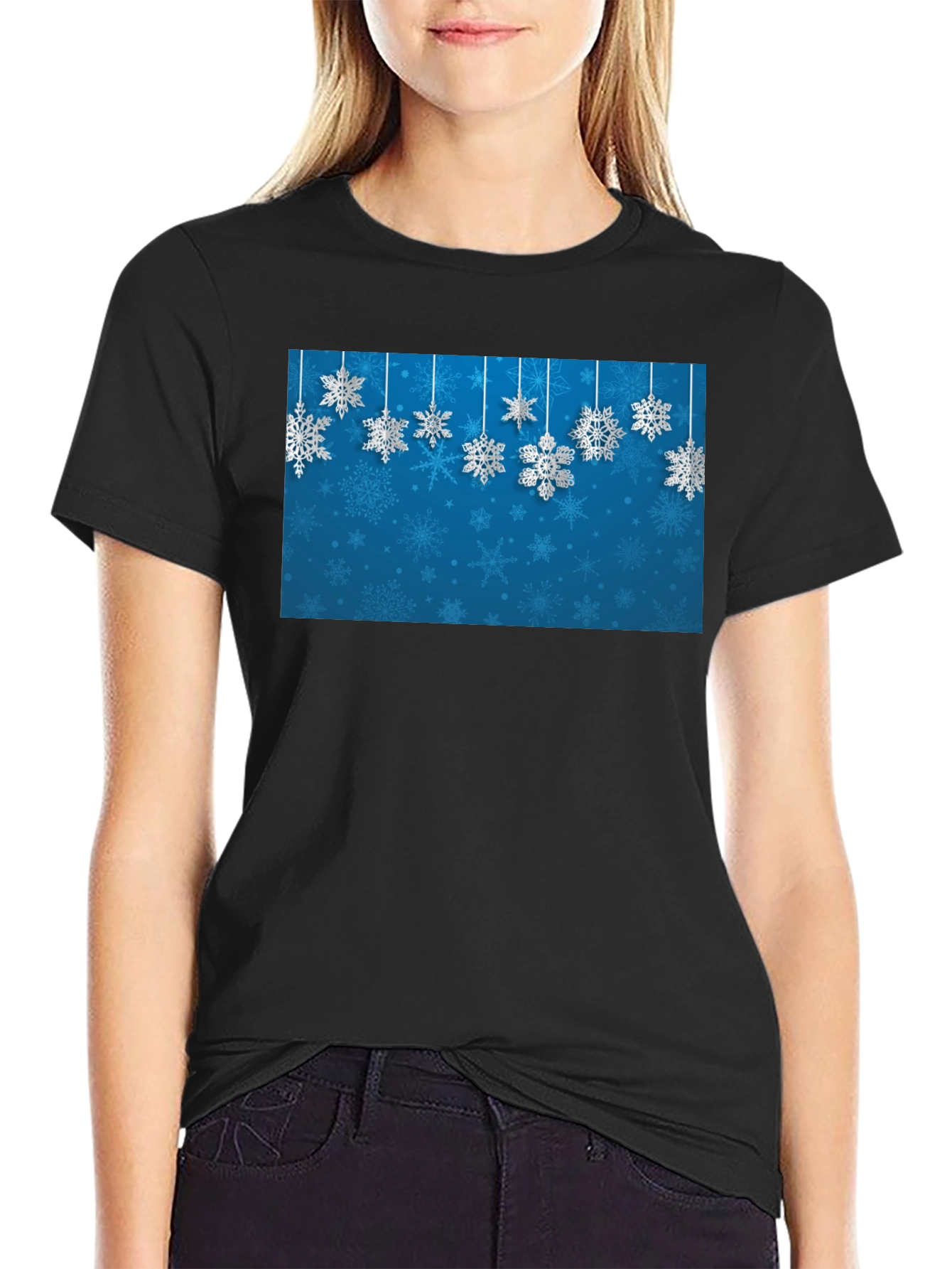 Black Snowflake Graphic Print Crew Neck T-Shirt view 2