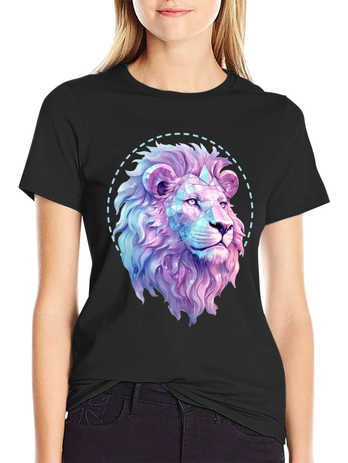 Black Geometric Lion Graphic Print Black T-Shirt view 2