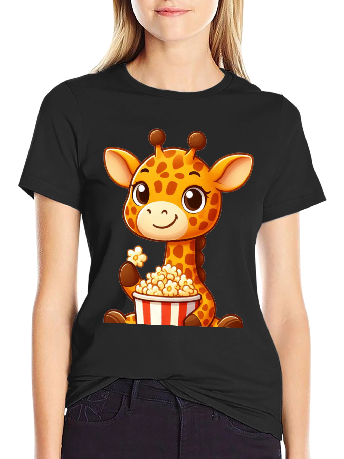 Black Giraffe Popcorn T-Shirt: Cute Cartoon Animal Tee view 2