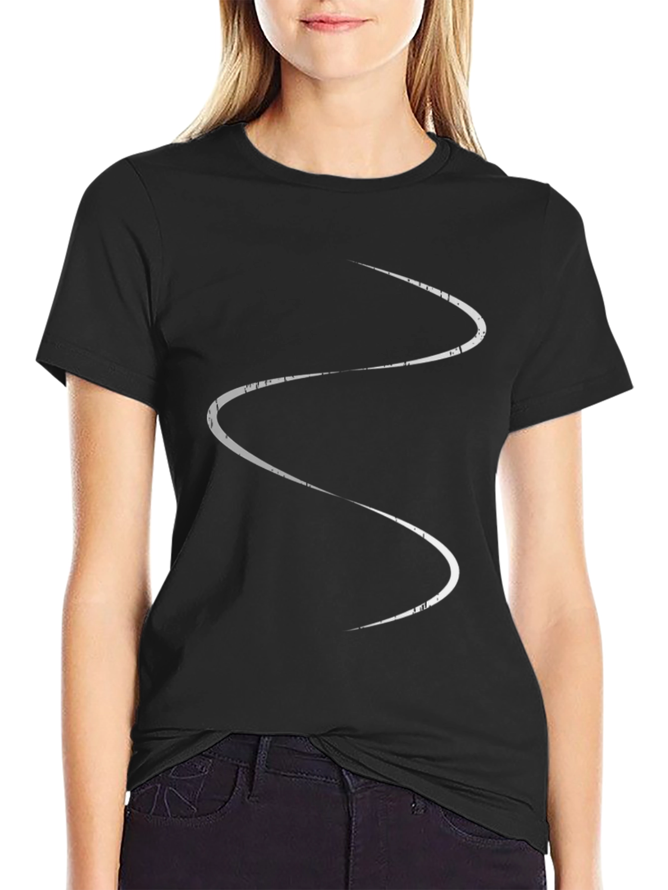 Black Men's Black T-Shirt with Abstract White Line Design view 2