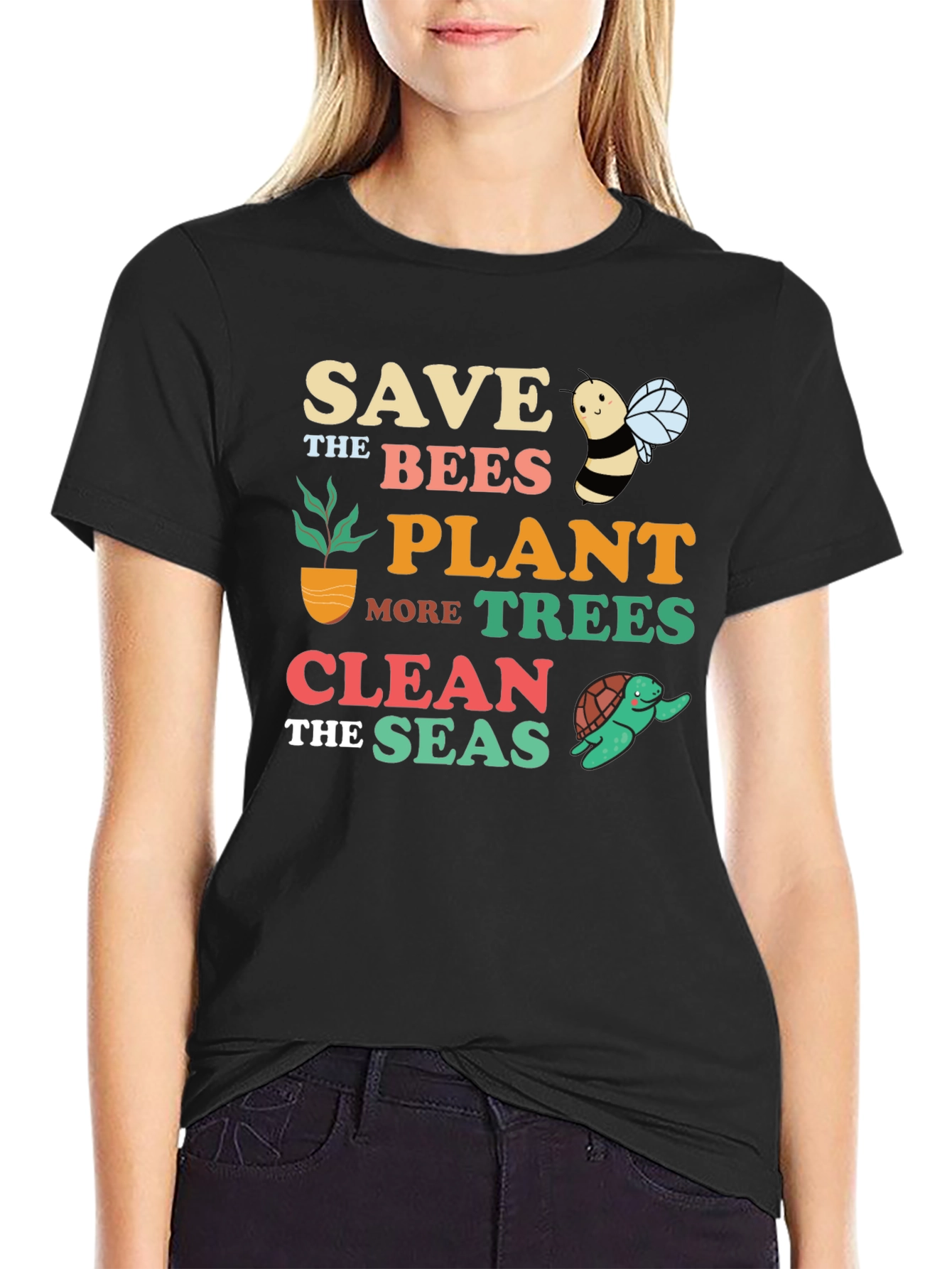 Black Save the Bees Graphic T-Shirt - Earth Day Apparel view 2