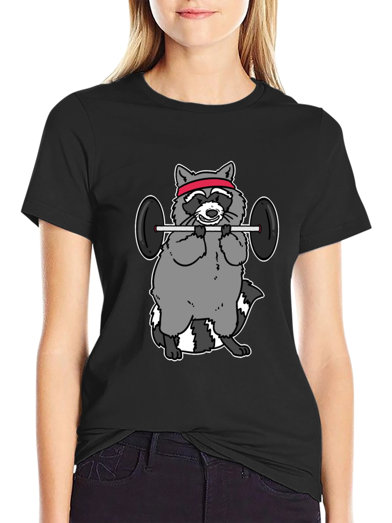 Black Raccoon Lifting Weights Funny Graphic T-Shirt view 2