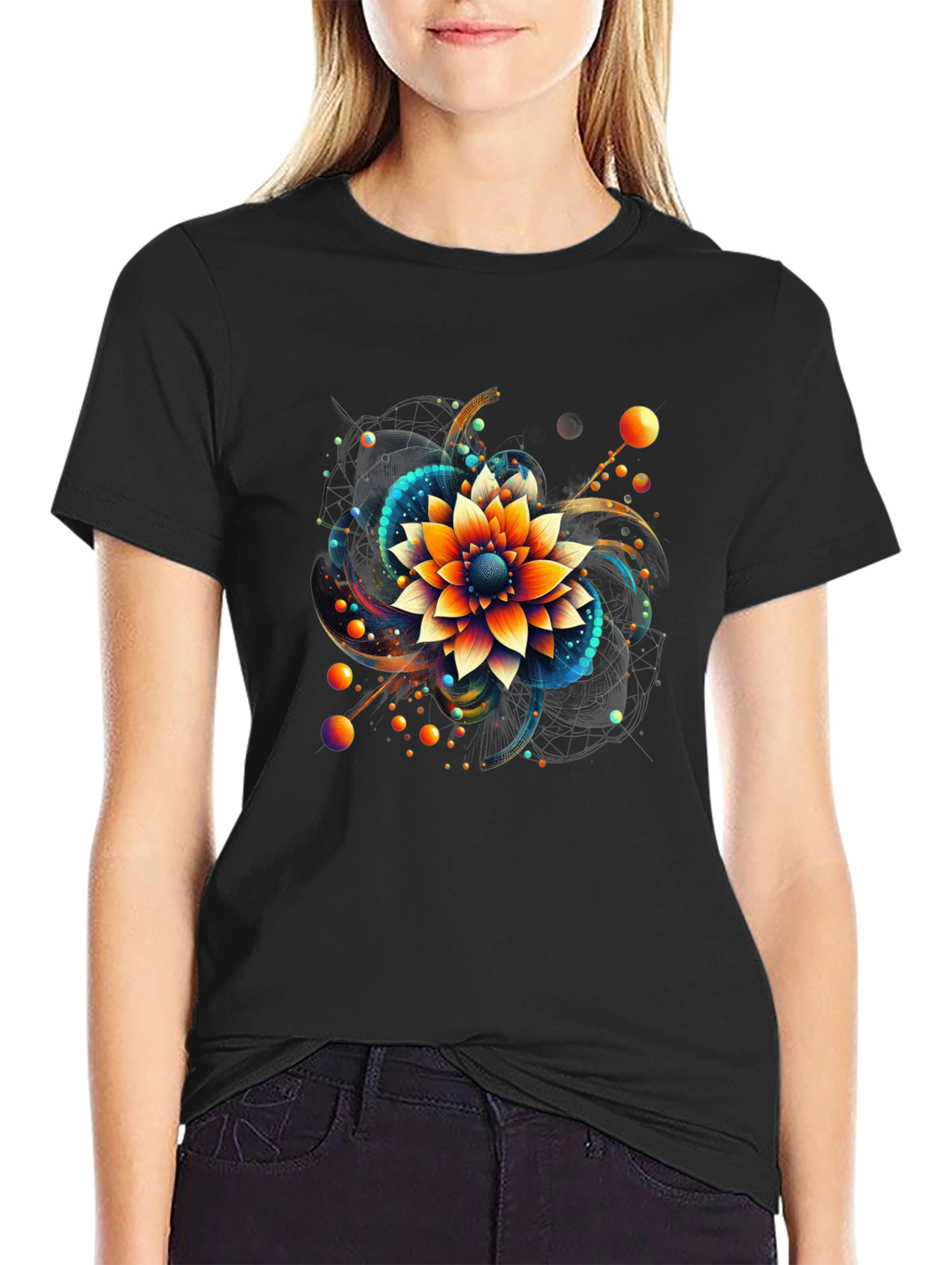 Black Abstract Floral Graphic Print Black T-Shirt view 2