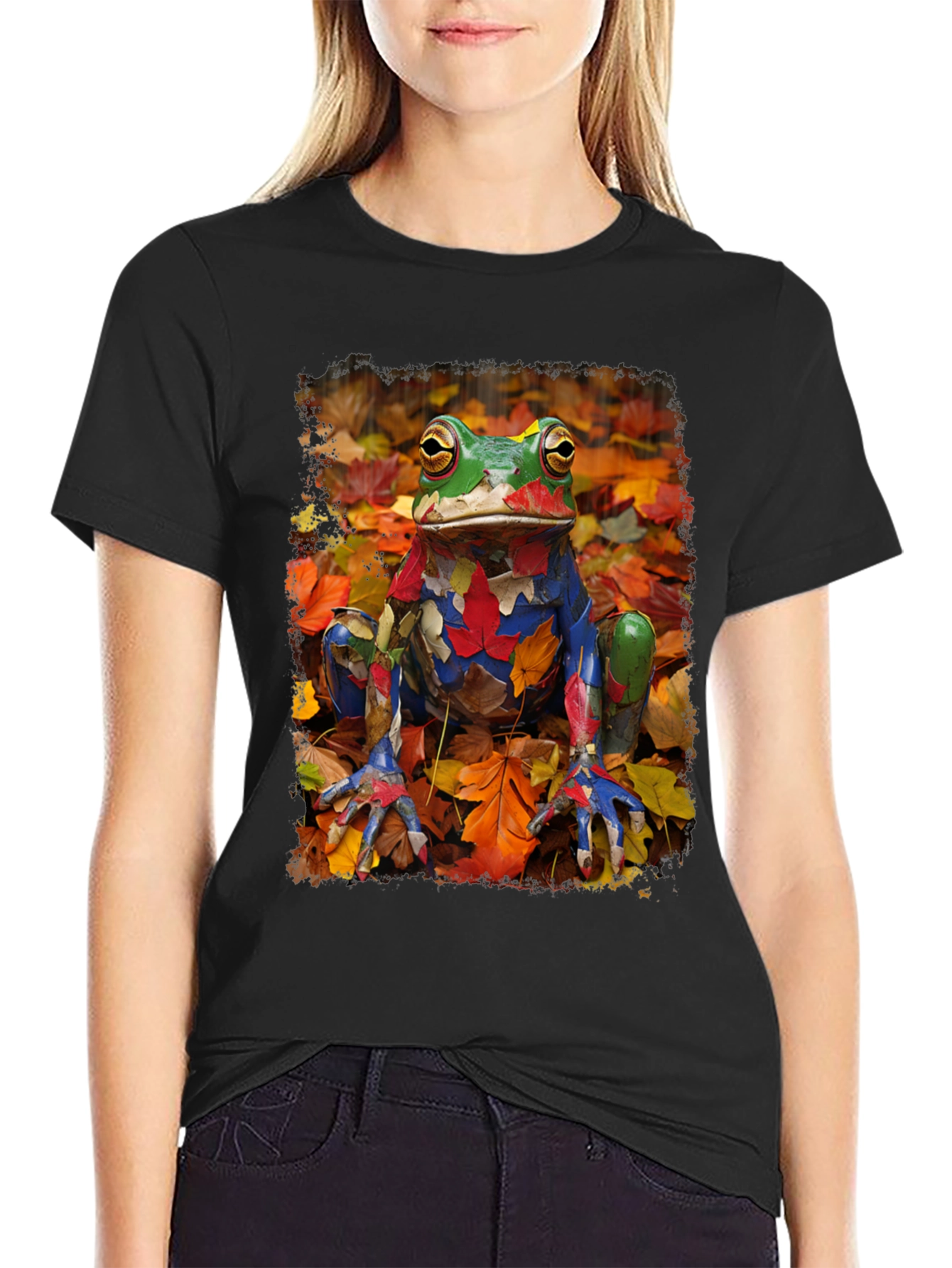 Black Frog in Fall Leaves Black T-Shirt view 2