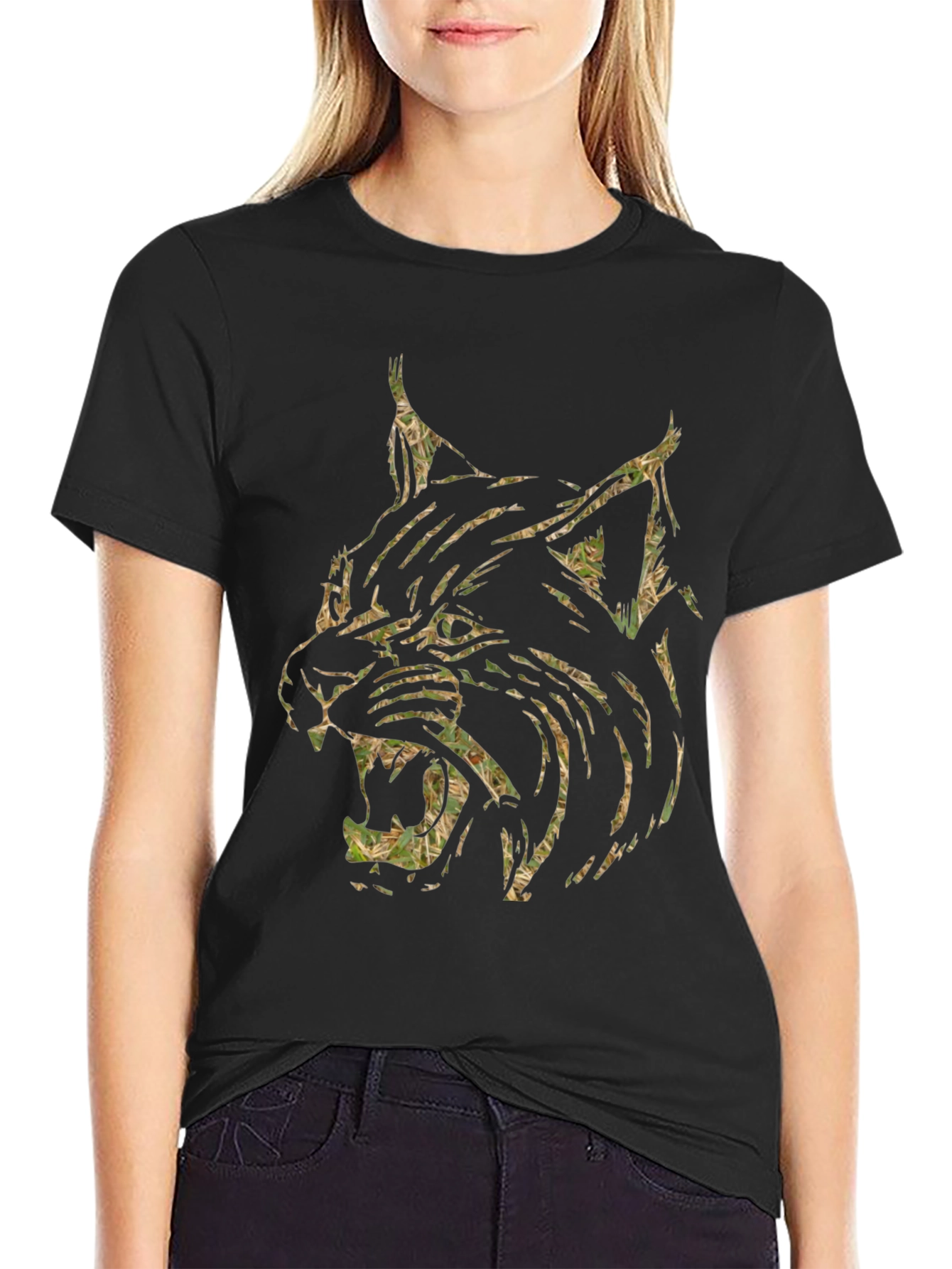 Black Men's Black T-Shirt with Camo Lynx Graphic view 2