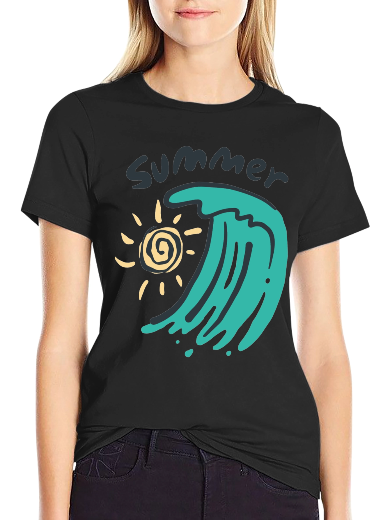 Black Summer Wave Graphic Tee - Black Cotton T-Shirt view 2