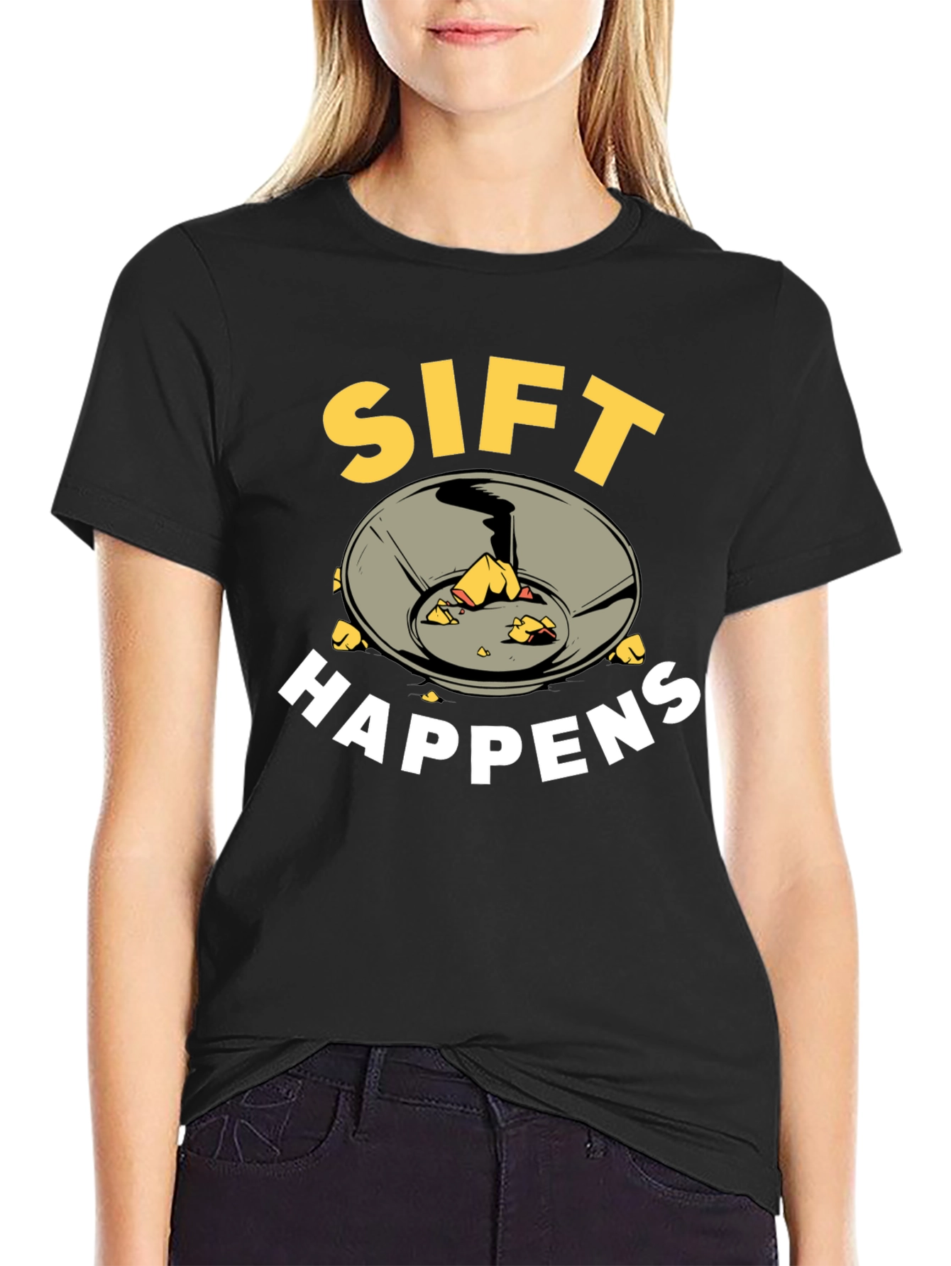 Black Sift Happens Funny Gold Panning T-Shirt view 2