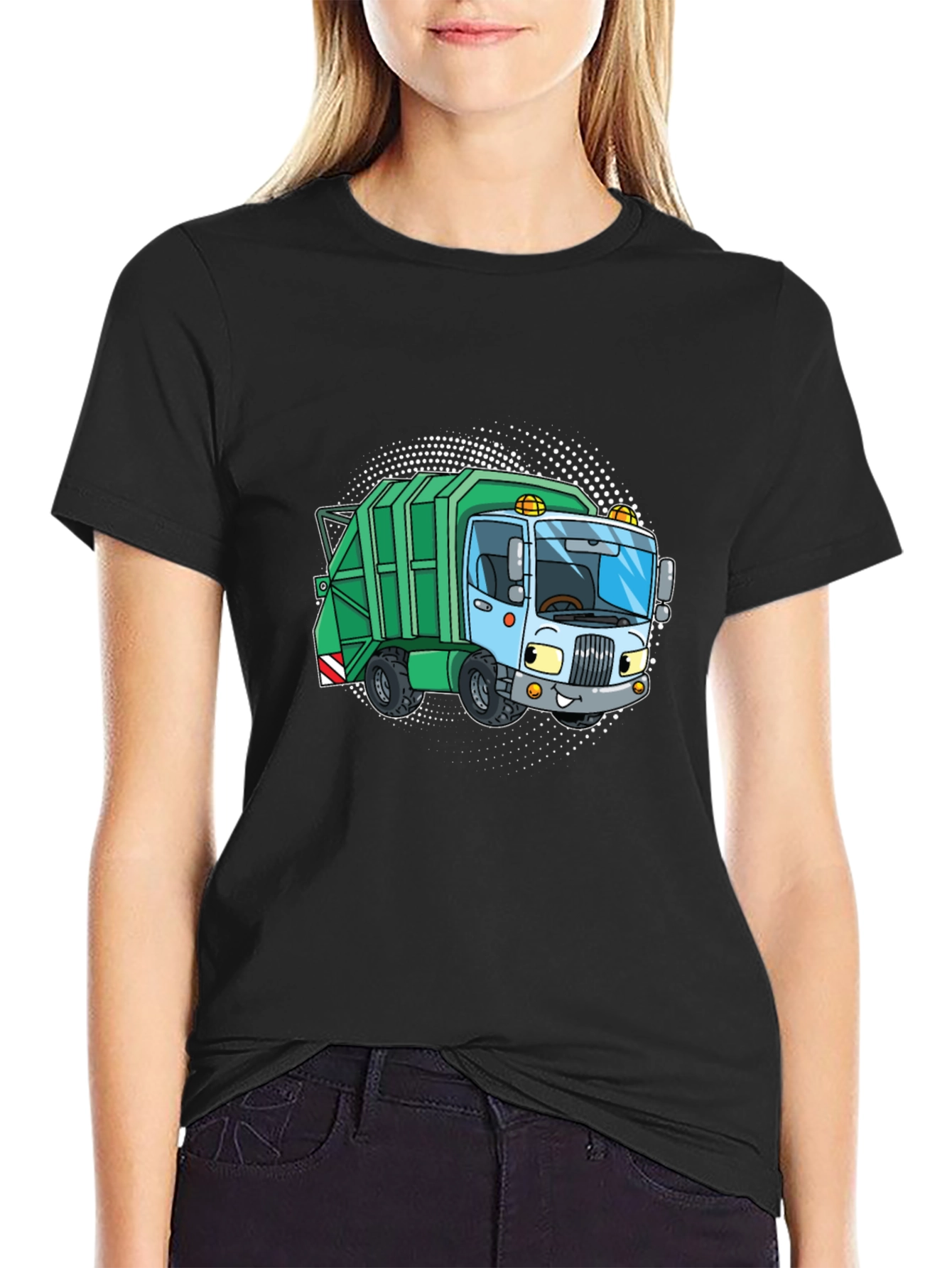 Black Garbage Truck Cartoon T-Shirt - Black Crew Neck Tee view 2