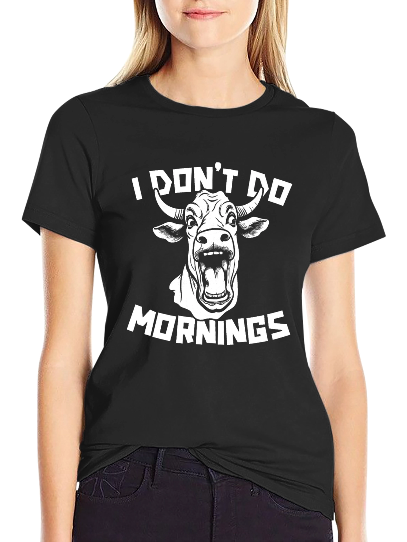 Black I Don't Do Mornings Cow Graphic Tee view 2