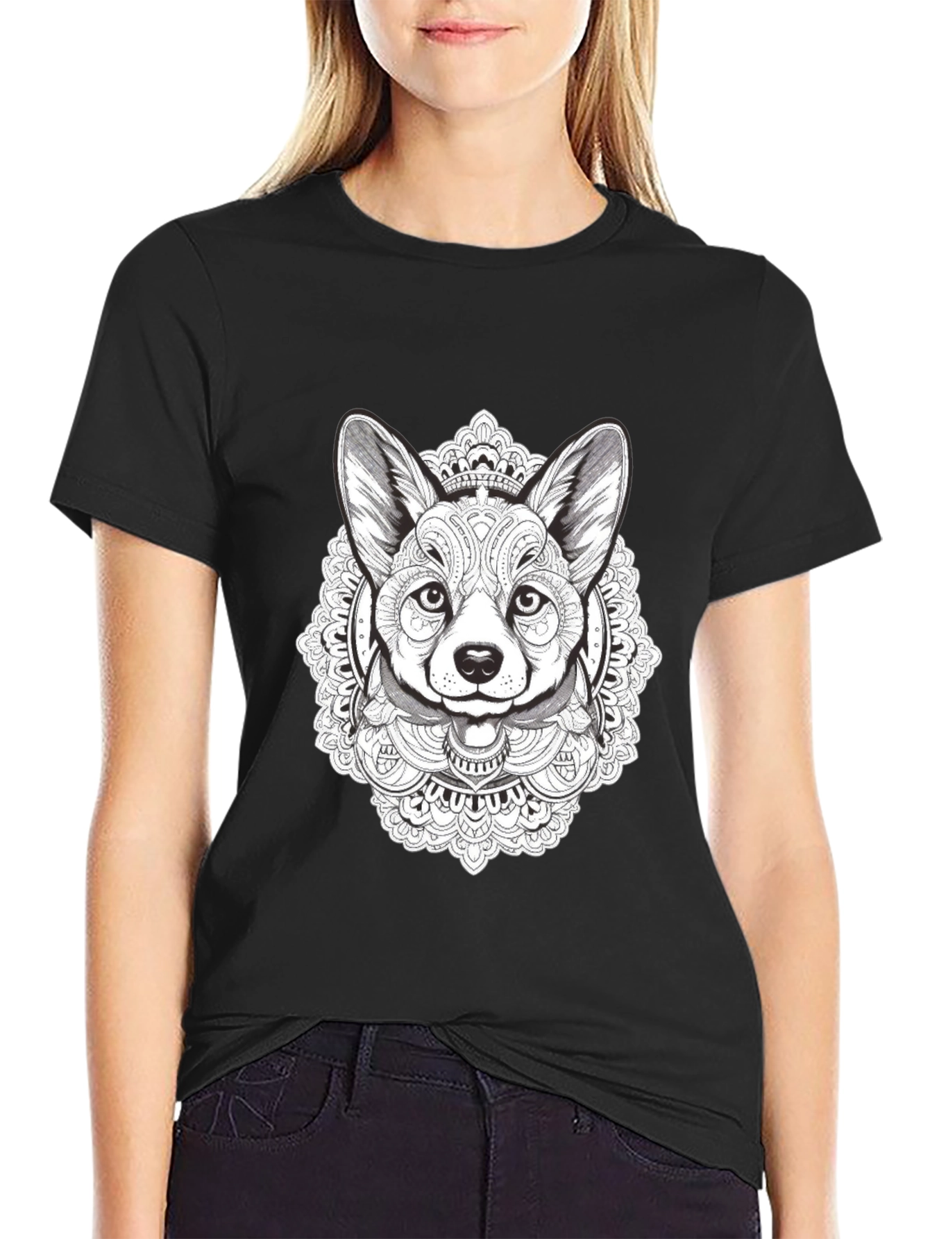 Black Corgi Mandala Graphic Tee - Stylish Dog Lover's T-Shirt view 2