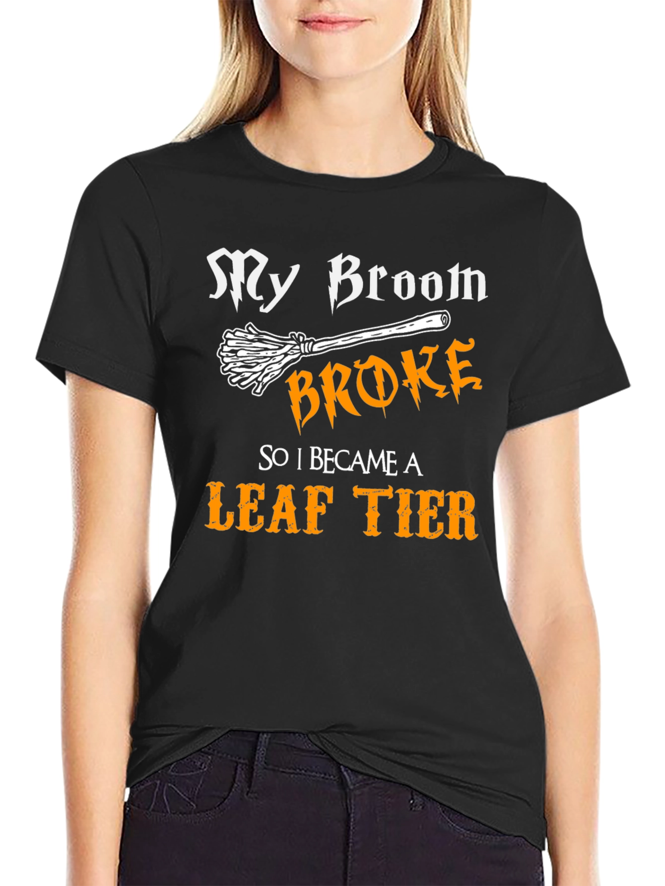 Black My Broom Broke Leaf Tier T-Shirt view 2