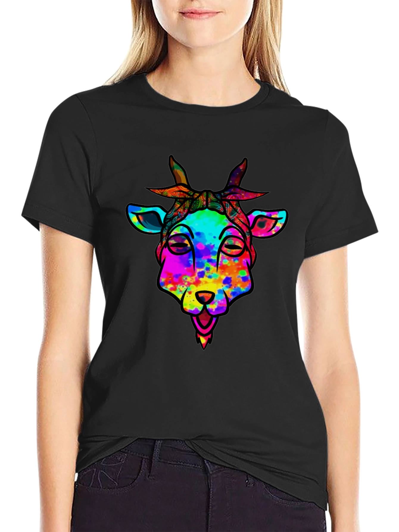 Black Colorful Goat Graphic Tee - Black Cotton Blend view 2