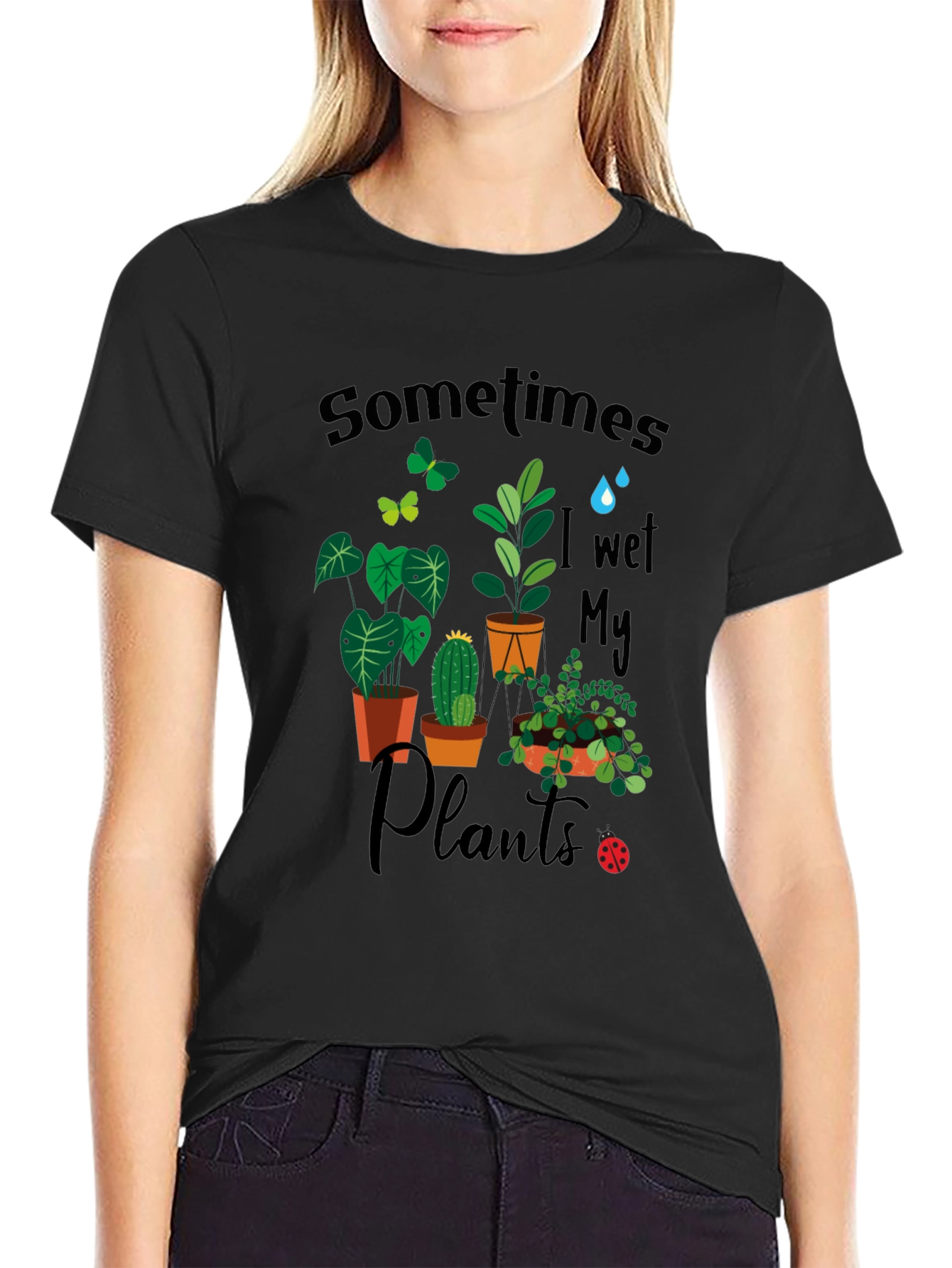 Black Sometimes I Wet My Plants Graphic T-Shirt view 2