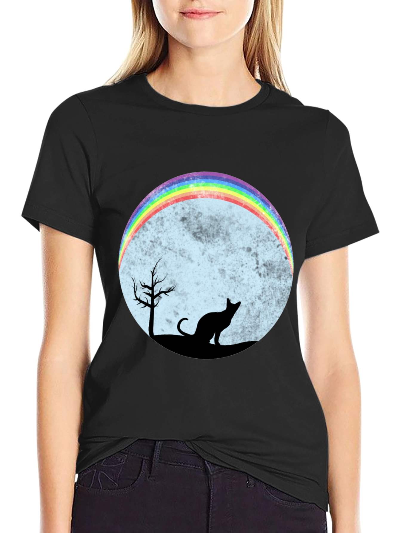 Black Rainbow Cat Silhouette Graphic T-Shirt view 2