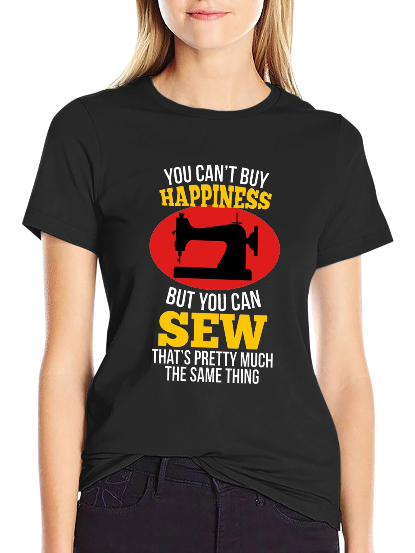 Black Sewing Happiness T-Shirt - Gift for Seamstress view 2