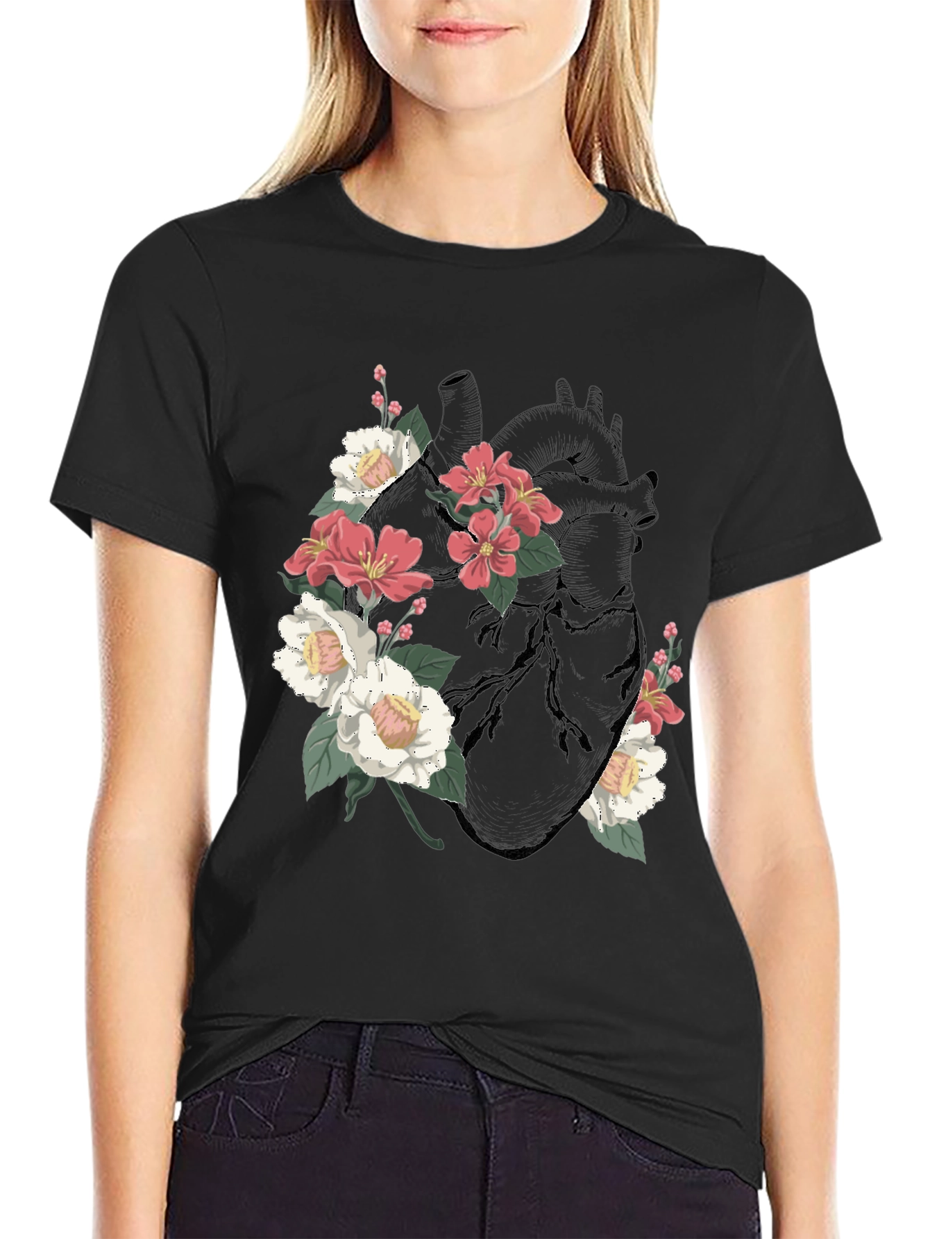 Black Floral Heart Graphic T-Shirt - Black view 2