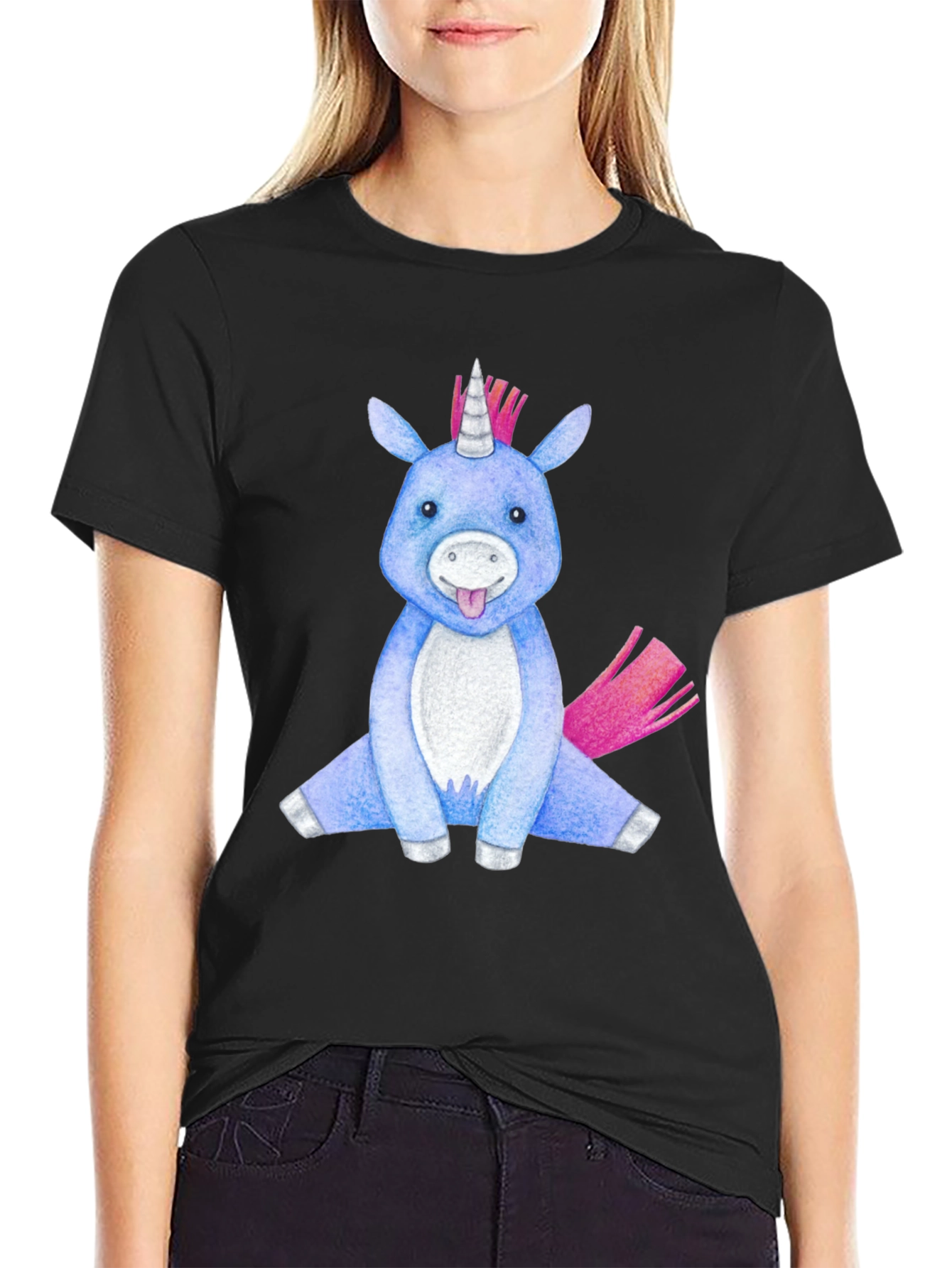 Black Cute Unicorn Graphic Tee - Black Cotton Blend view 2