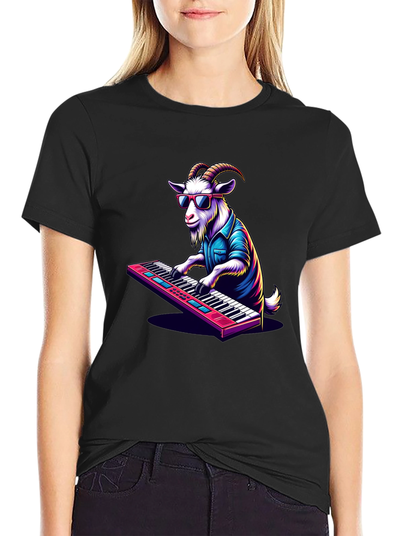 Black Goat Playing Keyboard T-Shirt - Cool Animal Tee view 2