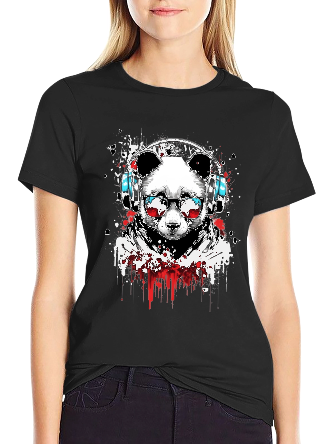 Black Cool Panda DJ Graphic Tee - Black Crew Neck T-Shirt view 2