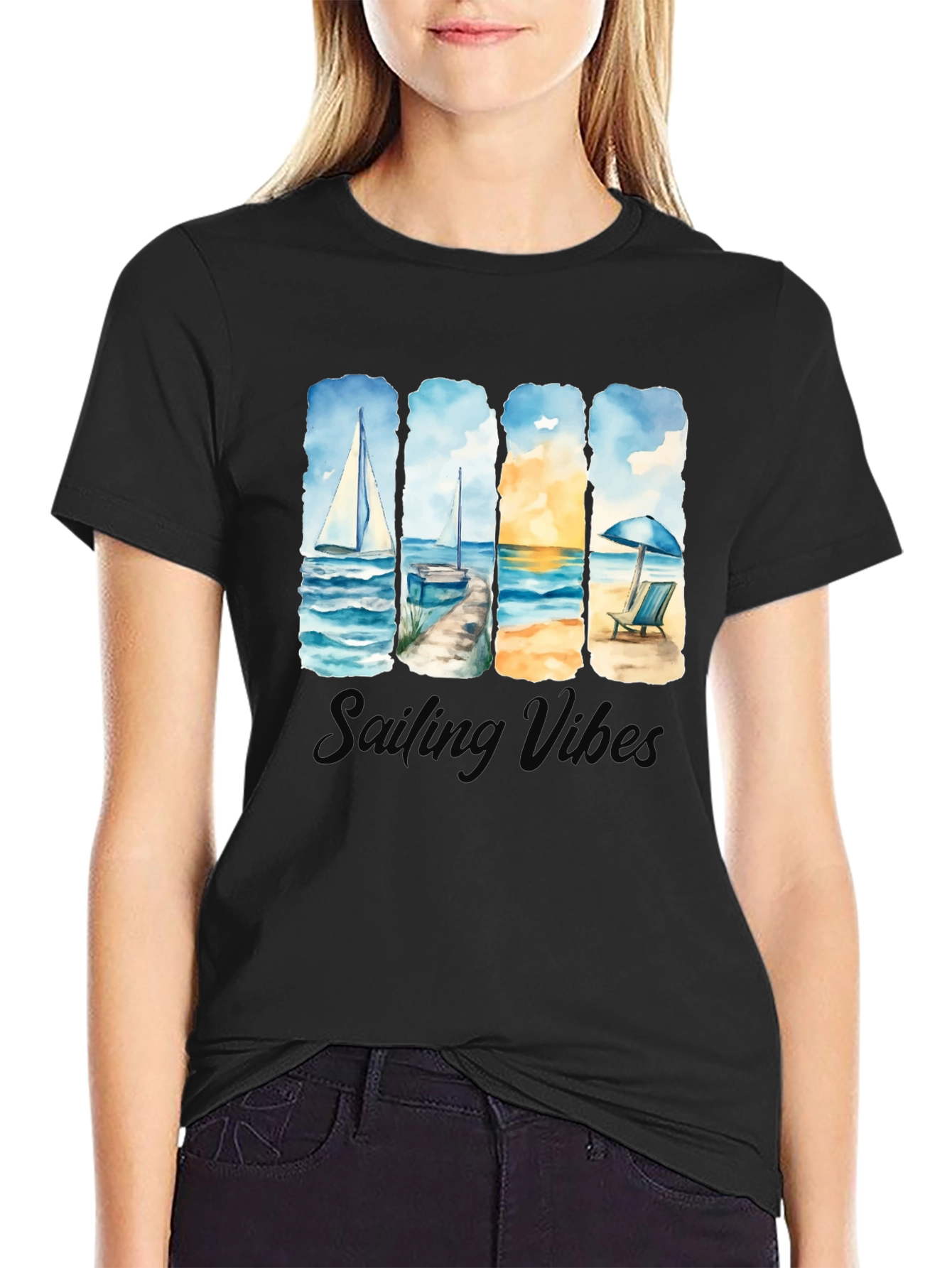 Black Sailing Vibes T-Shirt - Black Cotton Tee view 2