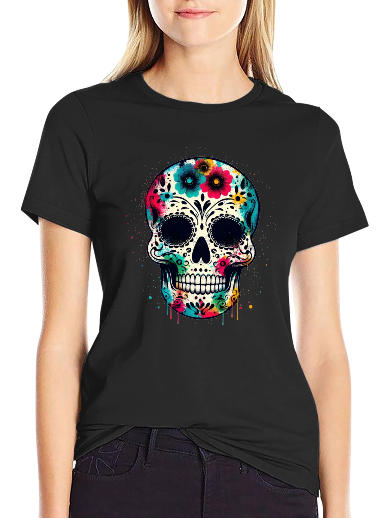 Black Floral Sugar Skull Graphic Tee - Day of the Dead Style view 2