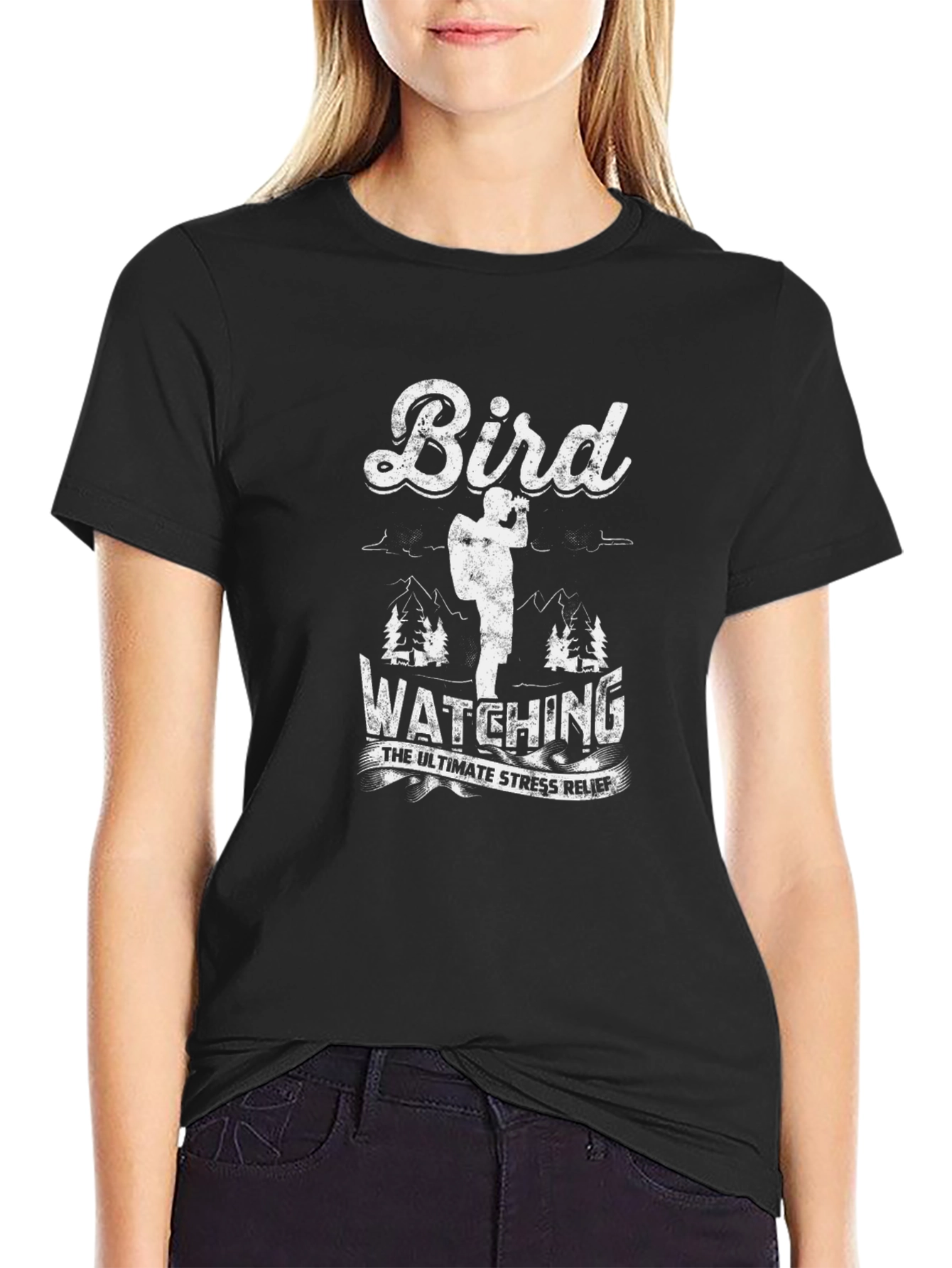 Black Bird Watching Ultimate Stress Relief Black T-Shirt view 2