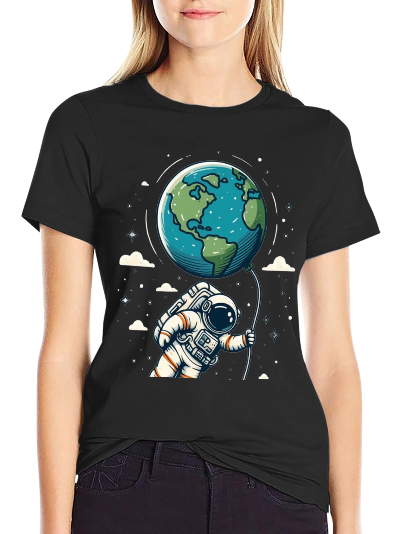Black Astronaut Earth Balloon Black T-Shirt view 2
