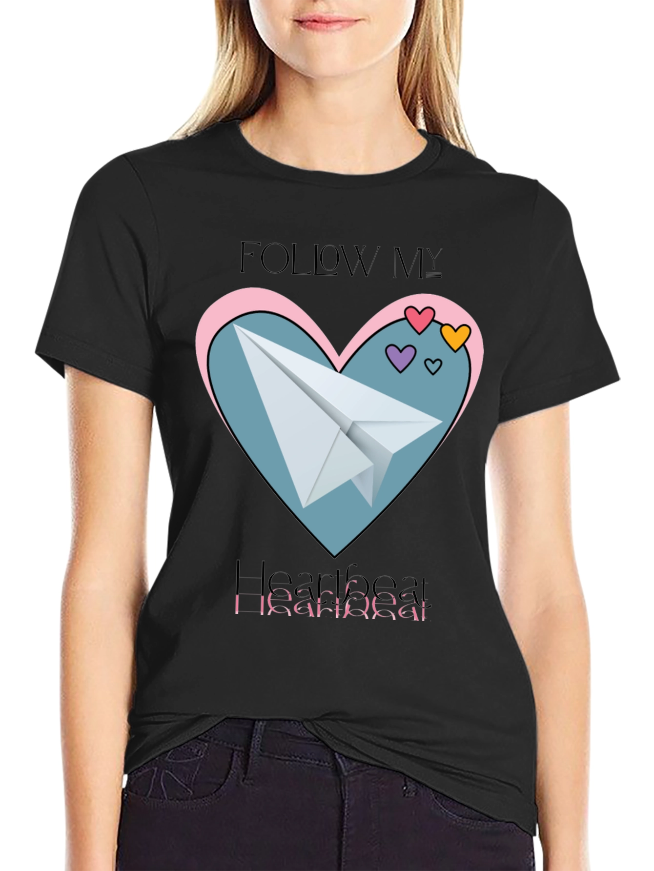Black Follow My Heartbeat T-Shirt: Paper Airplane Love Design view 2