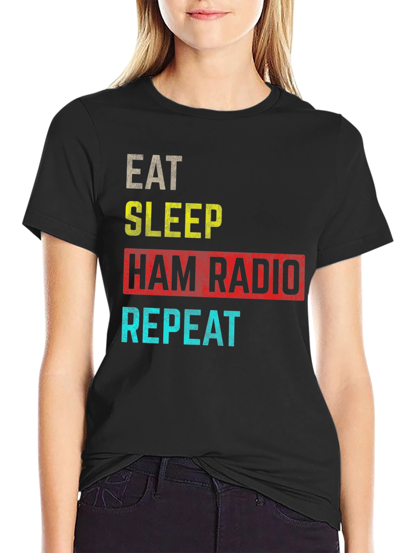 Black Eat Sleep Ham Radio Repeat T-Shirt view 2