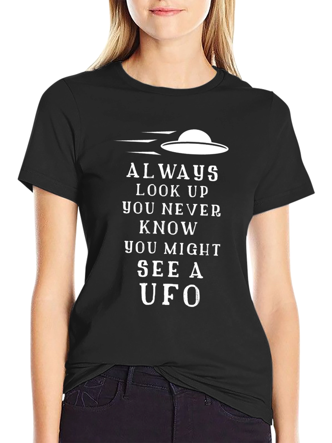 Black Always Look Up UFO Graphic Black T-Shirt view 2