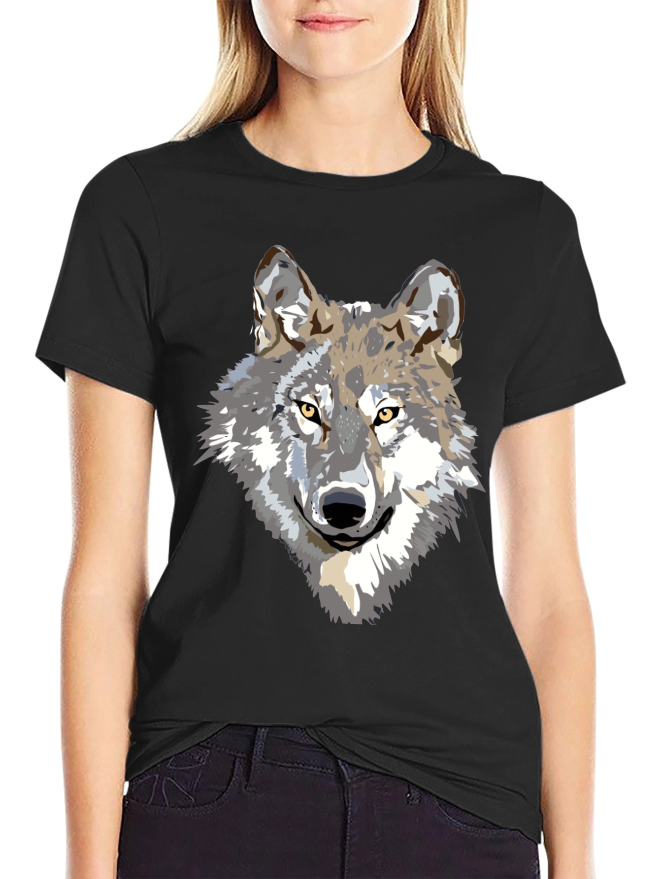 Black Men's Black T-Shirt with Wolf Graphic view 2