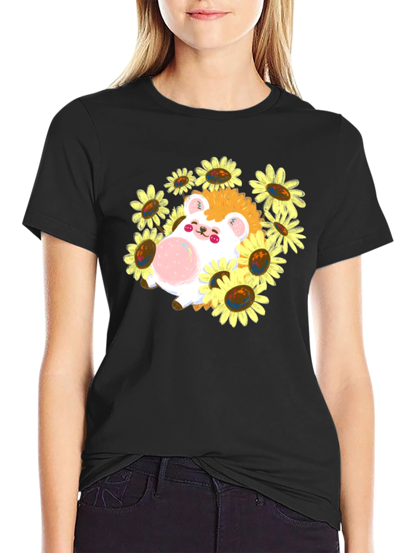 Black Cute Hedgehog Sunflower T-Shirt view 2