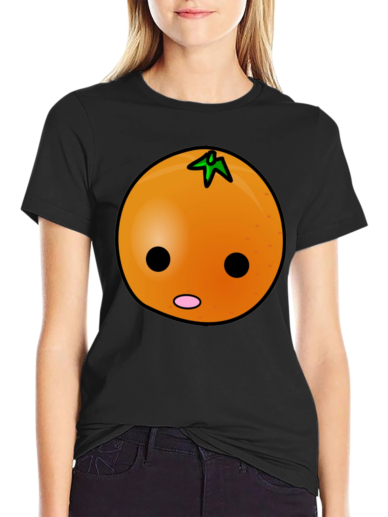Black Funny Orange Cartoon Face Graphic Tee view 2