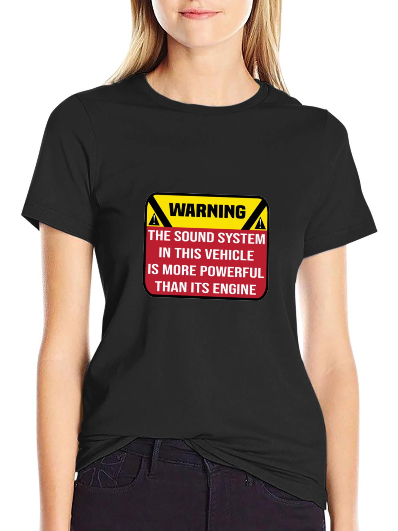 Black Warning Powerful Sound System T-Shirt view 2