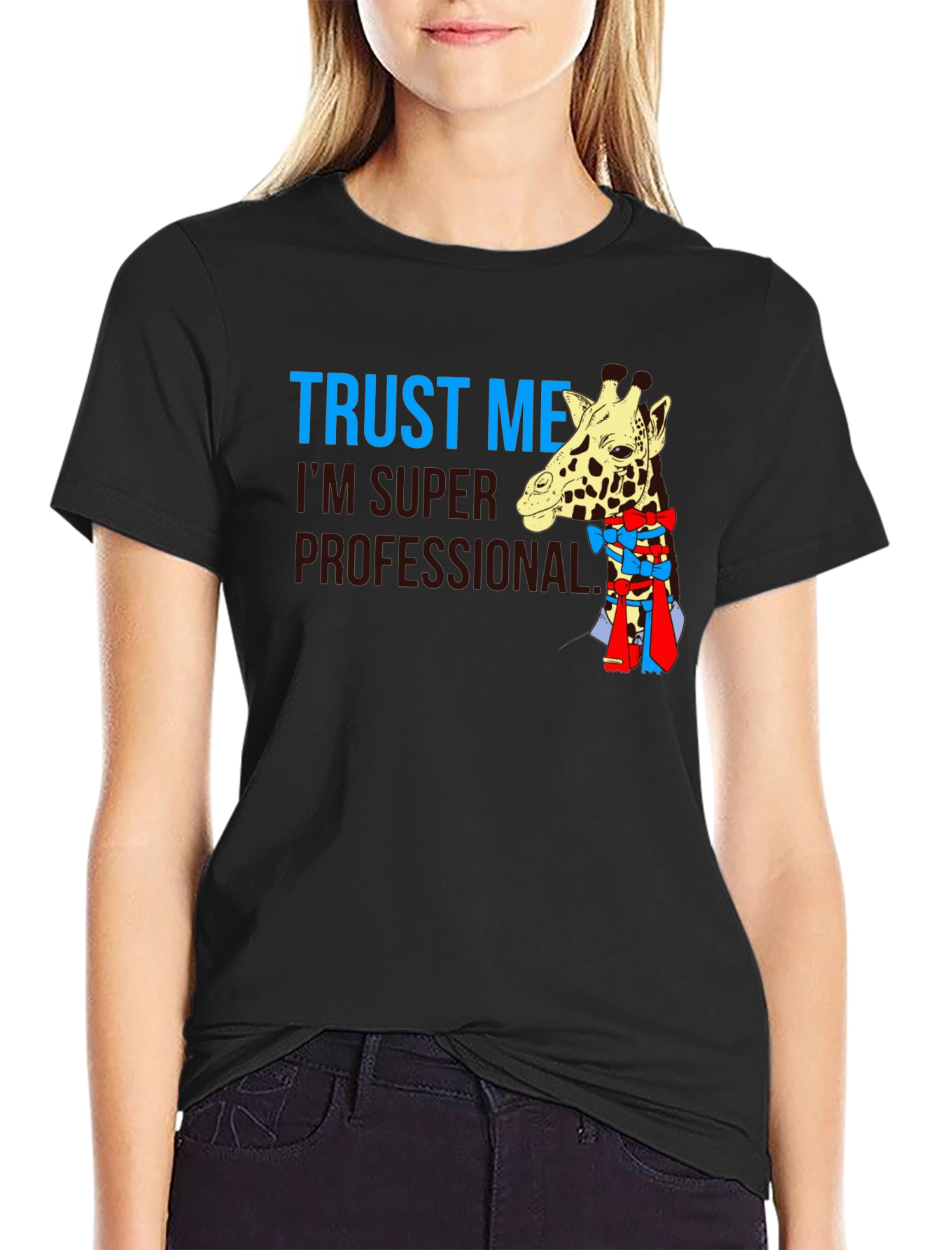 Black Trust Me I'm Super Professional Giraffe Bow T-Shirt view 2