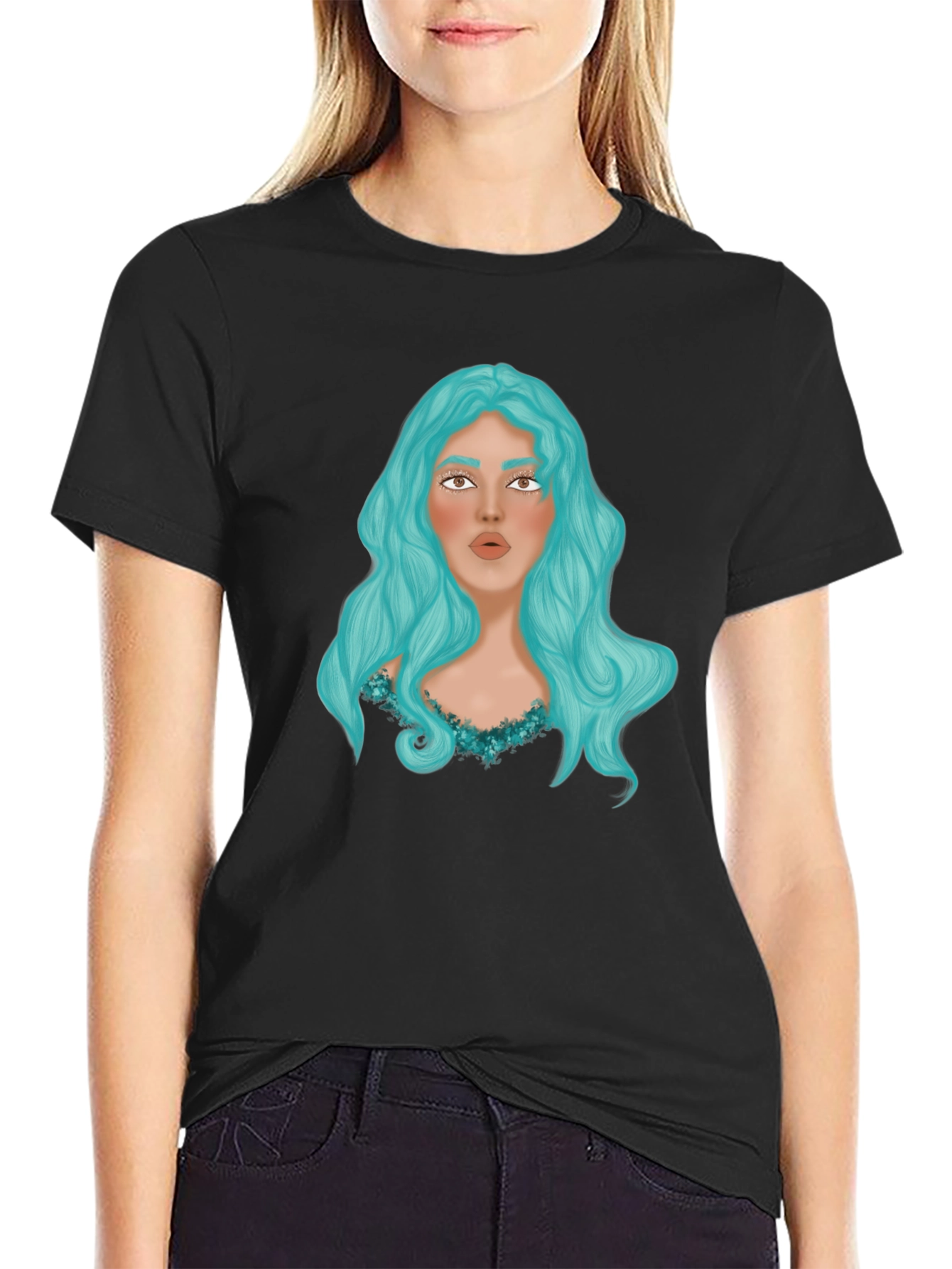Black Graphic Print T-Shirt - Woman with Blue Hair view 2