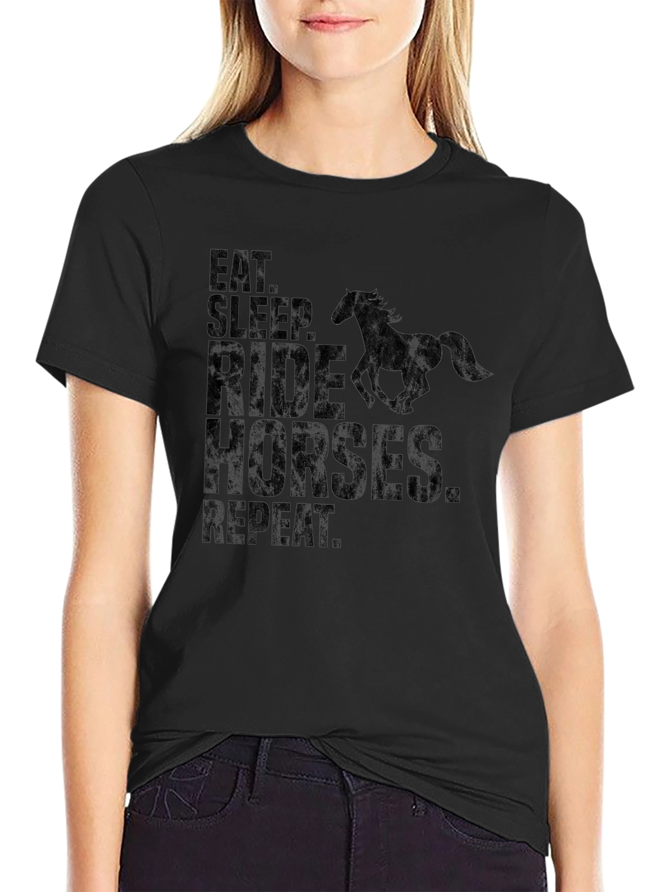 Black Eat Sleep Ride Horses Repeat Black T-Shirt view 2