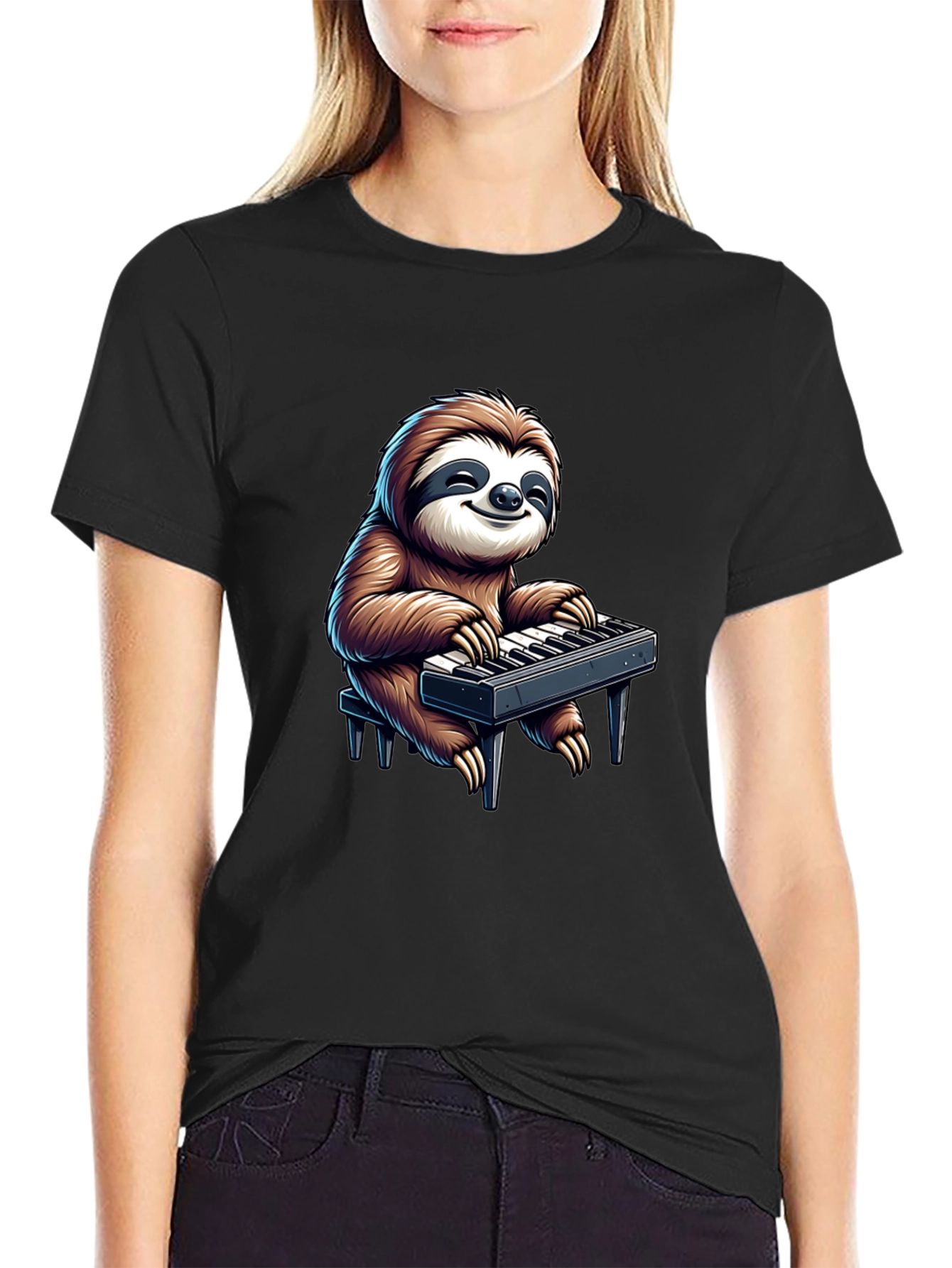 Black Sloth Playing Keyboard Graphic Tee - Black view 2